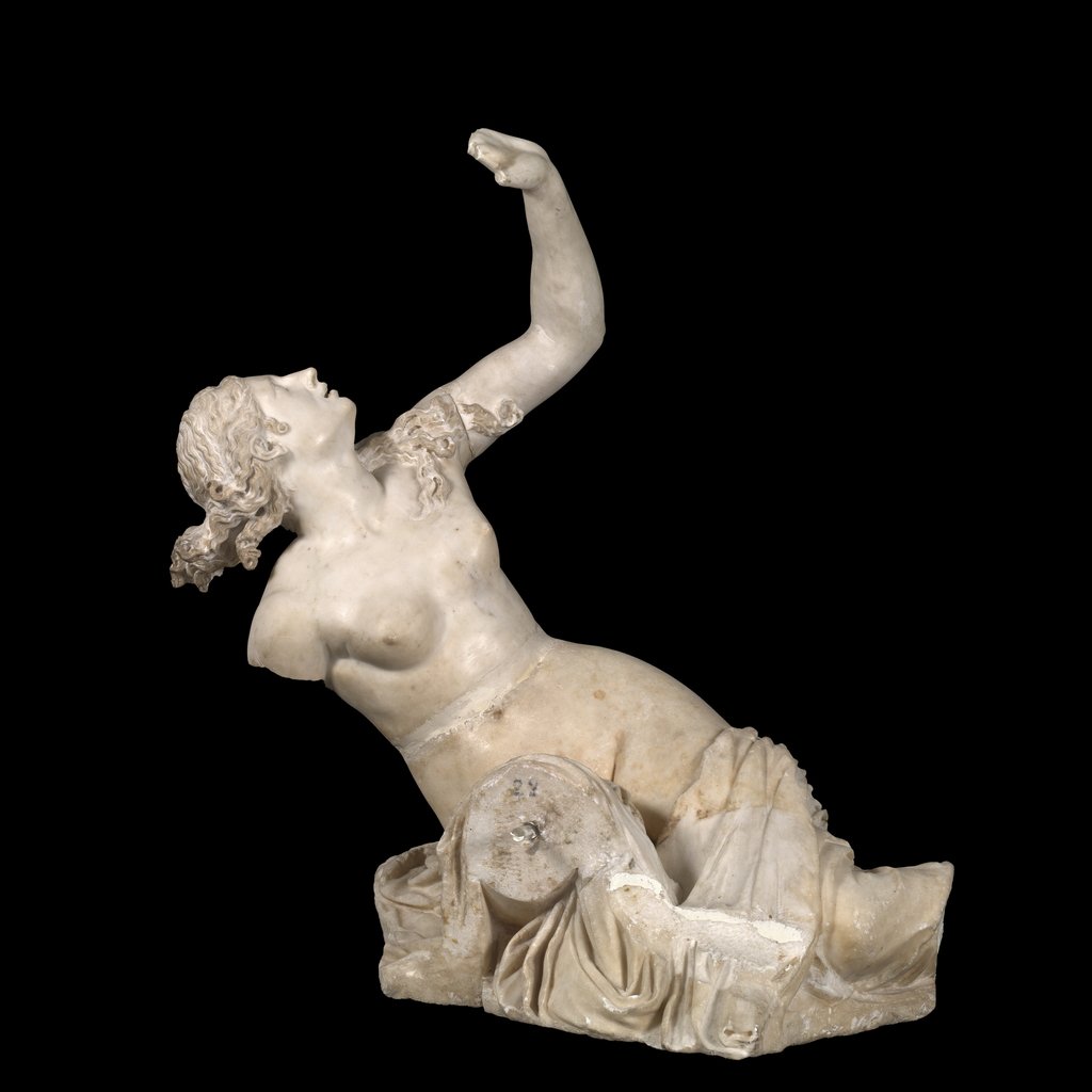 Clytie, a Roman marble sculpture of a reclining woman with raised arm, restored in the 17th century, against black