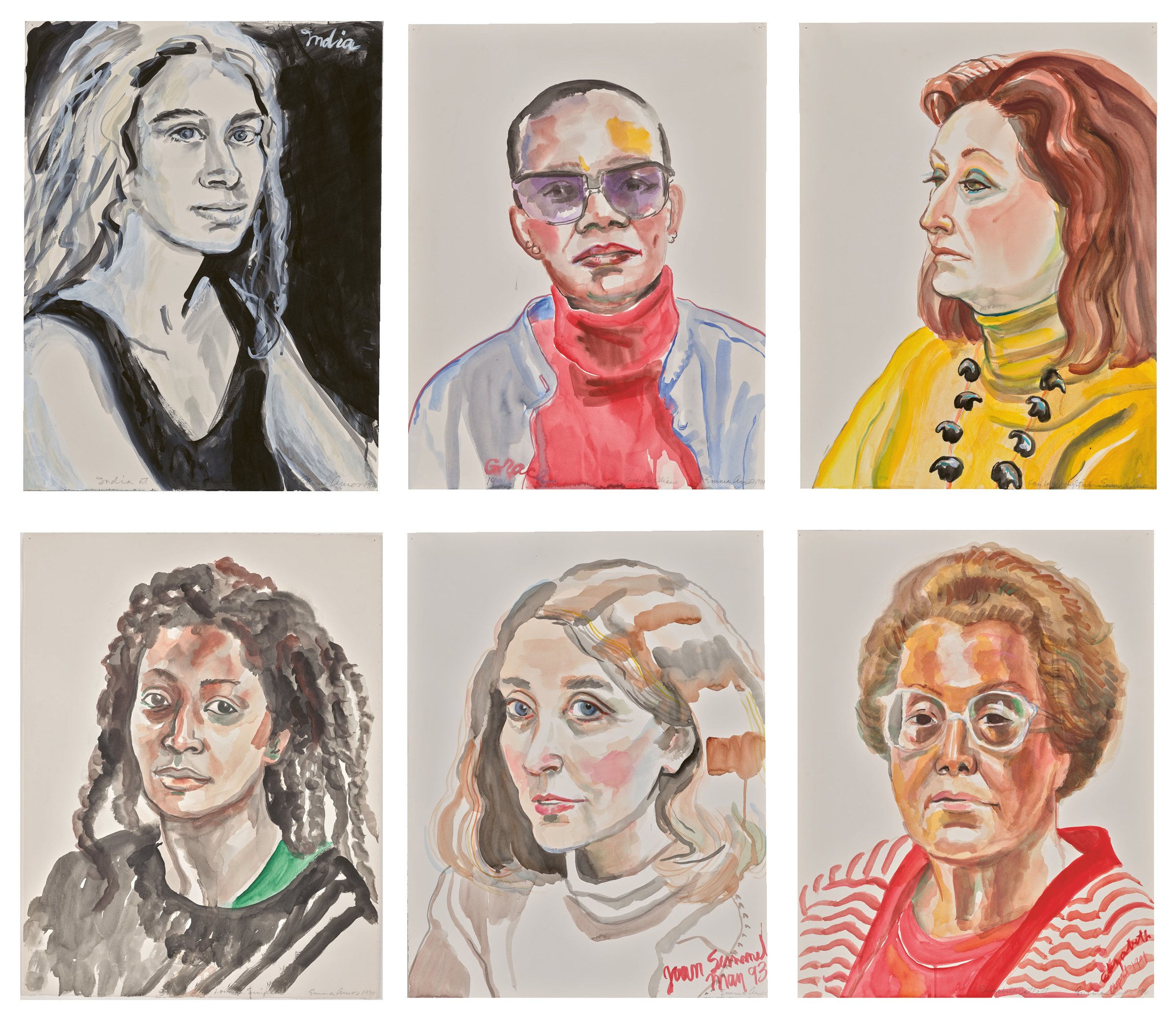 Six more Emma Amos watercolor portraits from The Gift in a two-row grid