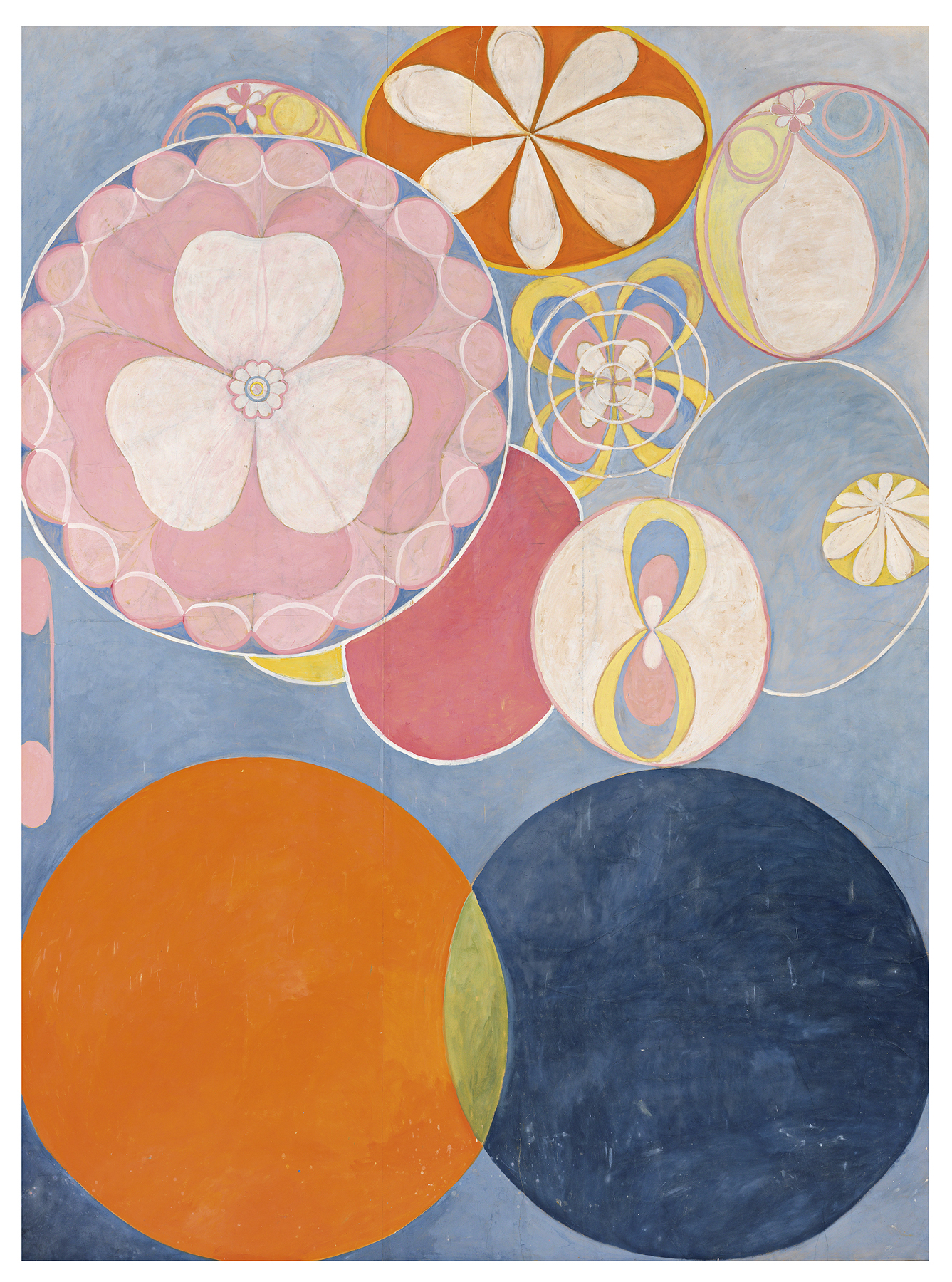 A very large abstract tempera on paper: a soft blue ground carrying overlapping discs and petal forms in pink, cream and pale yellow, anchored by one large orange circle and one dark blue circle at the lower edge.