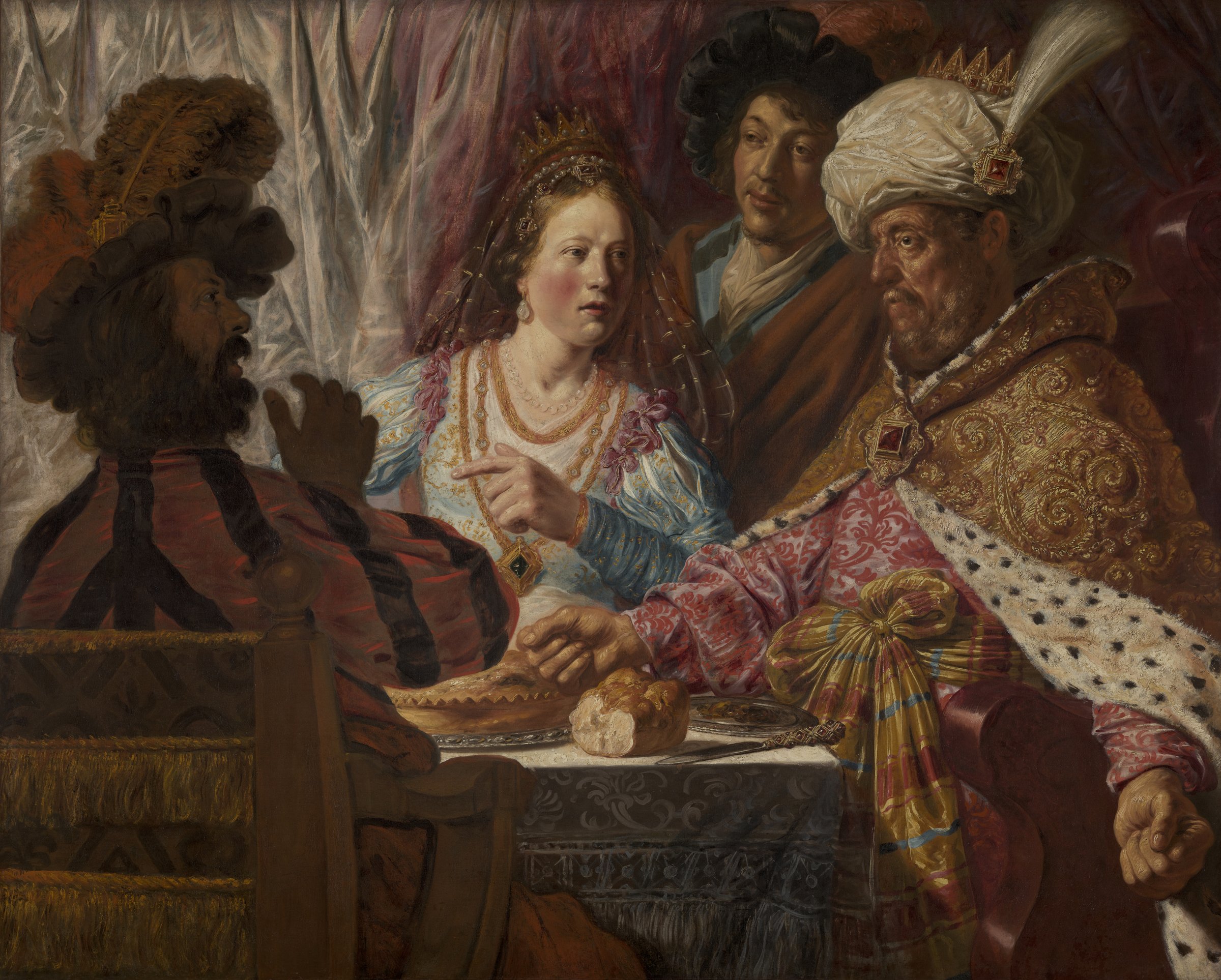 Jan Lievens painting of Esther, Ahasuerus and Haman at a banquet table, close-up figures