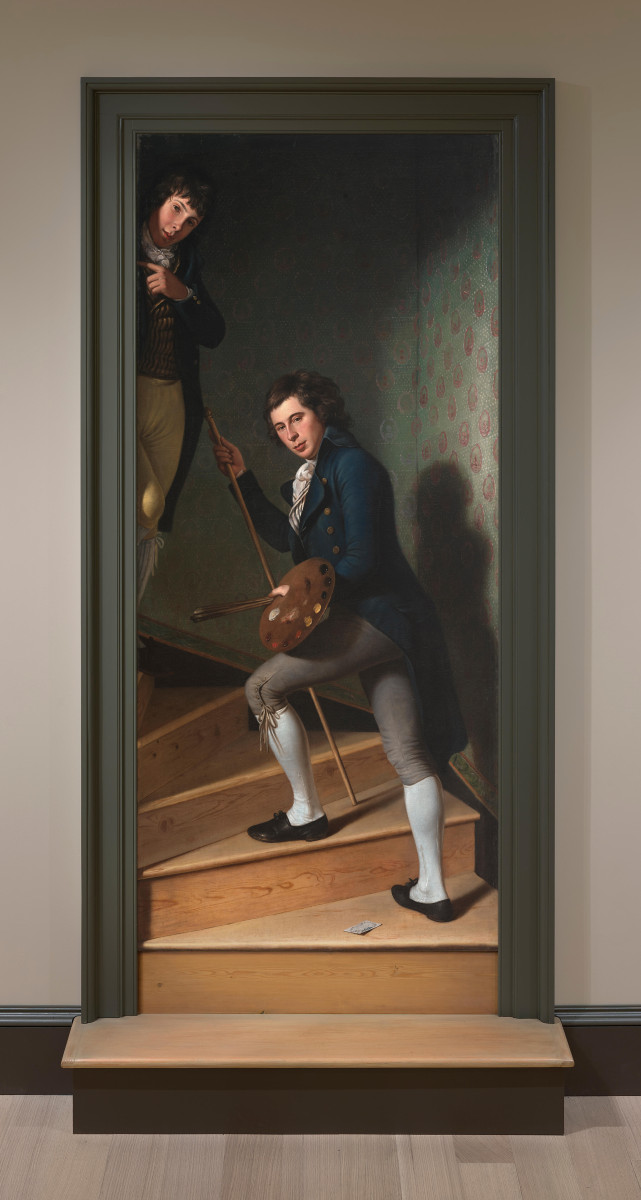 Charles Willson Peale, Staircase Group: a life-size painting of two young men on a narrow staircase, one holding a palette, set in a real doorframe with a wooden step