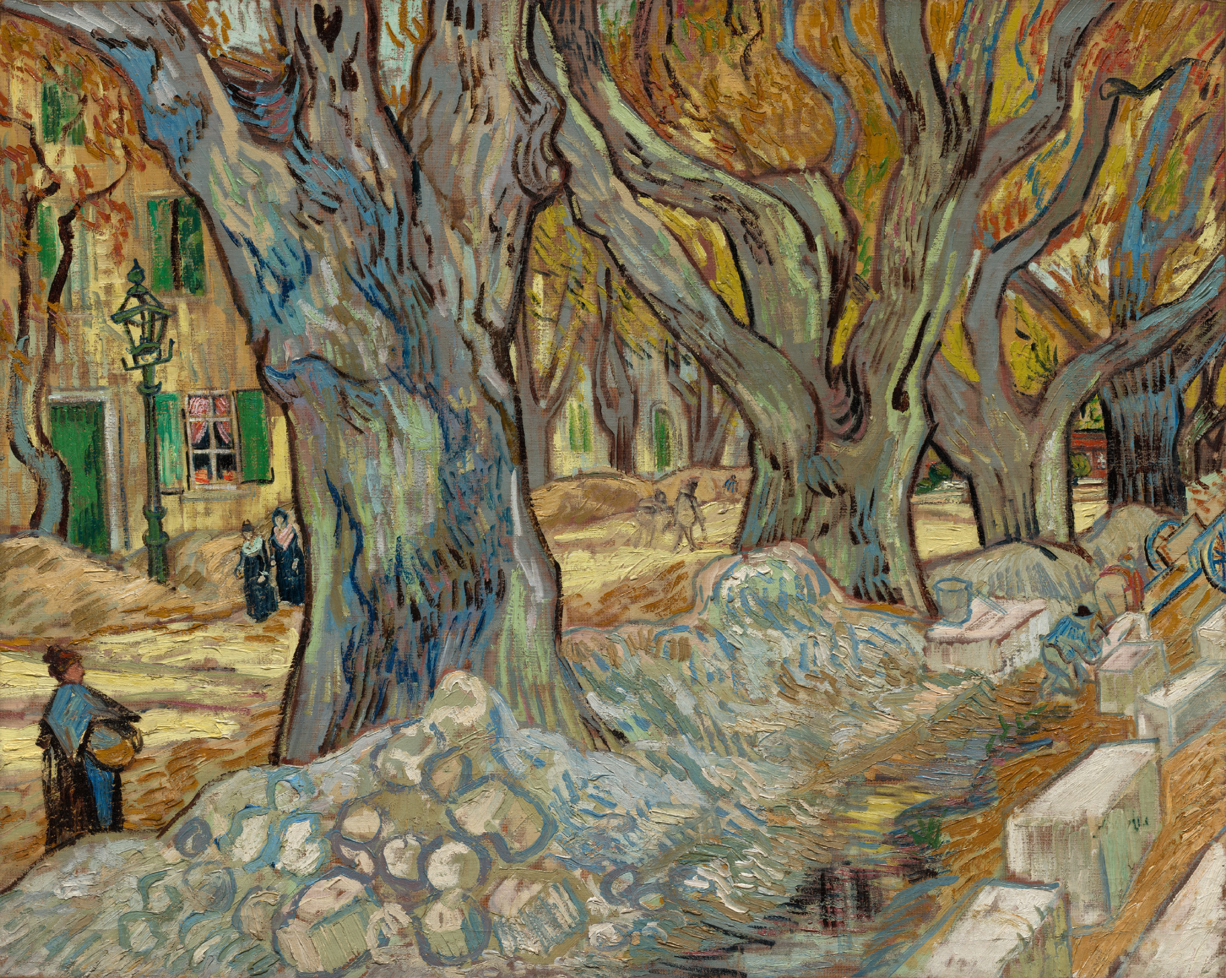 A road under repair beneath a row of massive plane trees, their mottled trunks and bare branches filling the canvas, with small figures of workmen among fallen leaves.