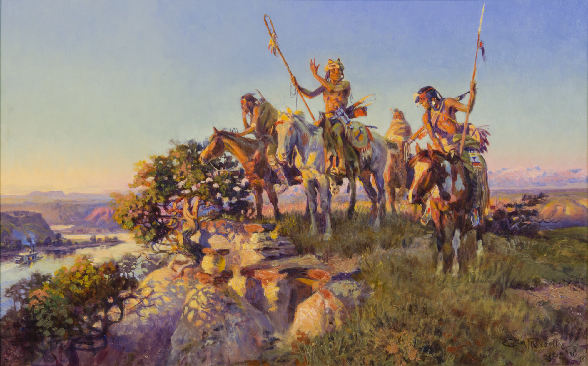 Charles Marion Russell, The Fireboat, 1918, oil on board, on view in Storytellers: The Blackfeet Nation and Charles M. Russell at the Denver Art Museum