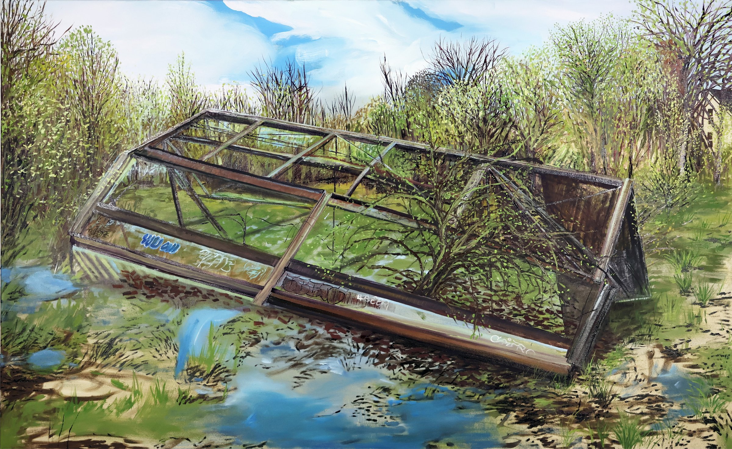 Painting of a collapsed greenhouse frame half-sunk in a lush, overgrown wetland