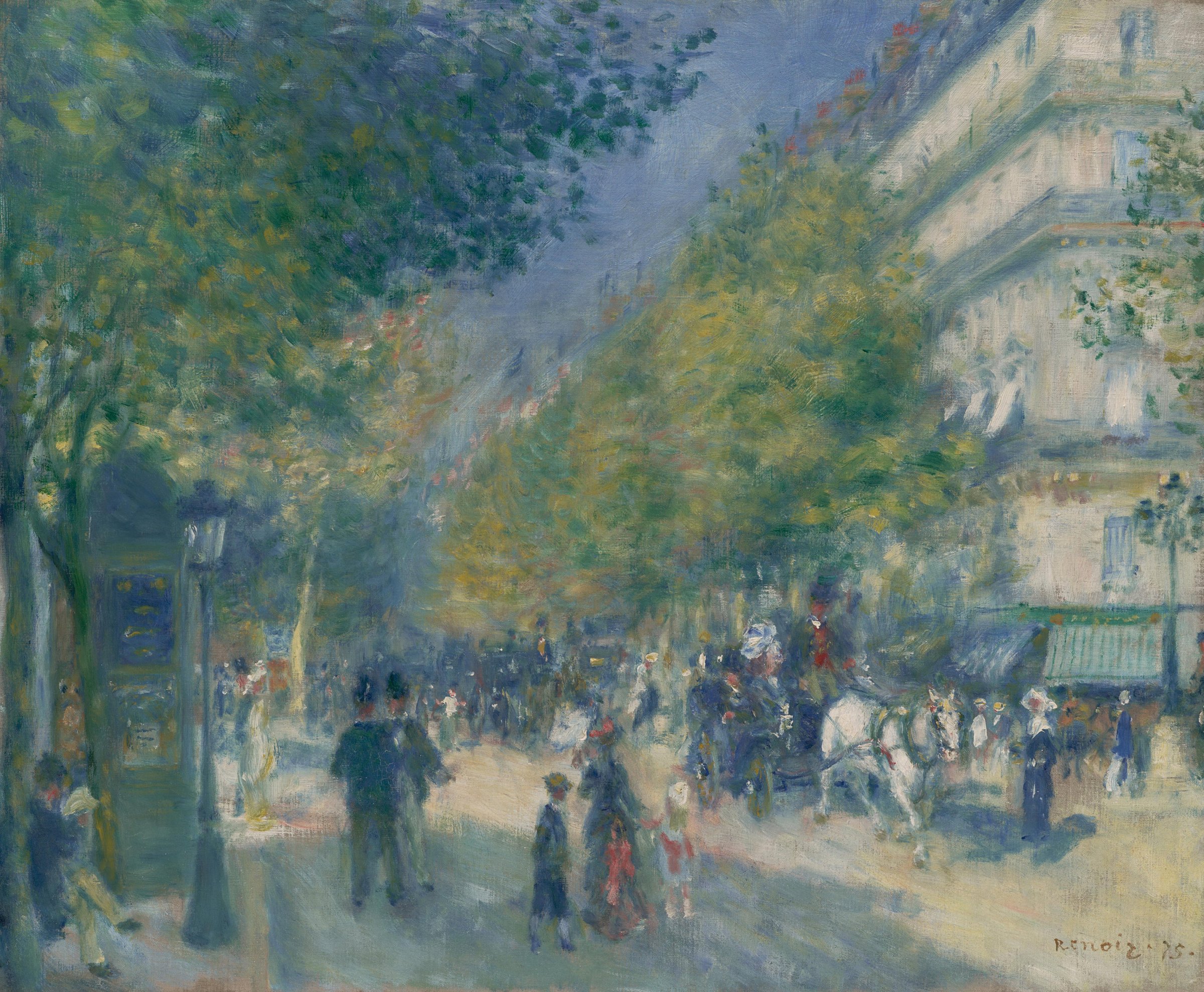 Pierre-Auguste Renoir, The Grands Boulevards, 1875, a sunlit Paris boulevard with carriages and strollers