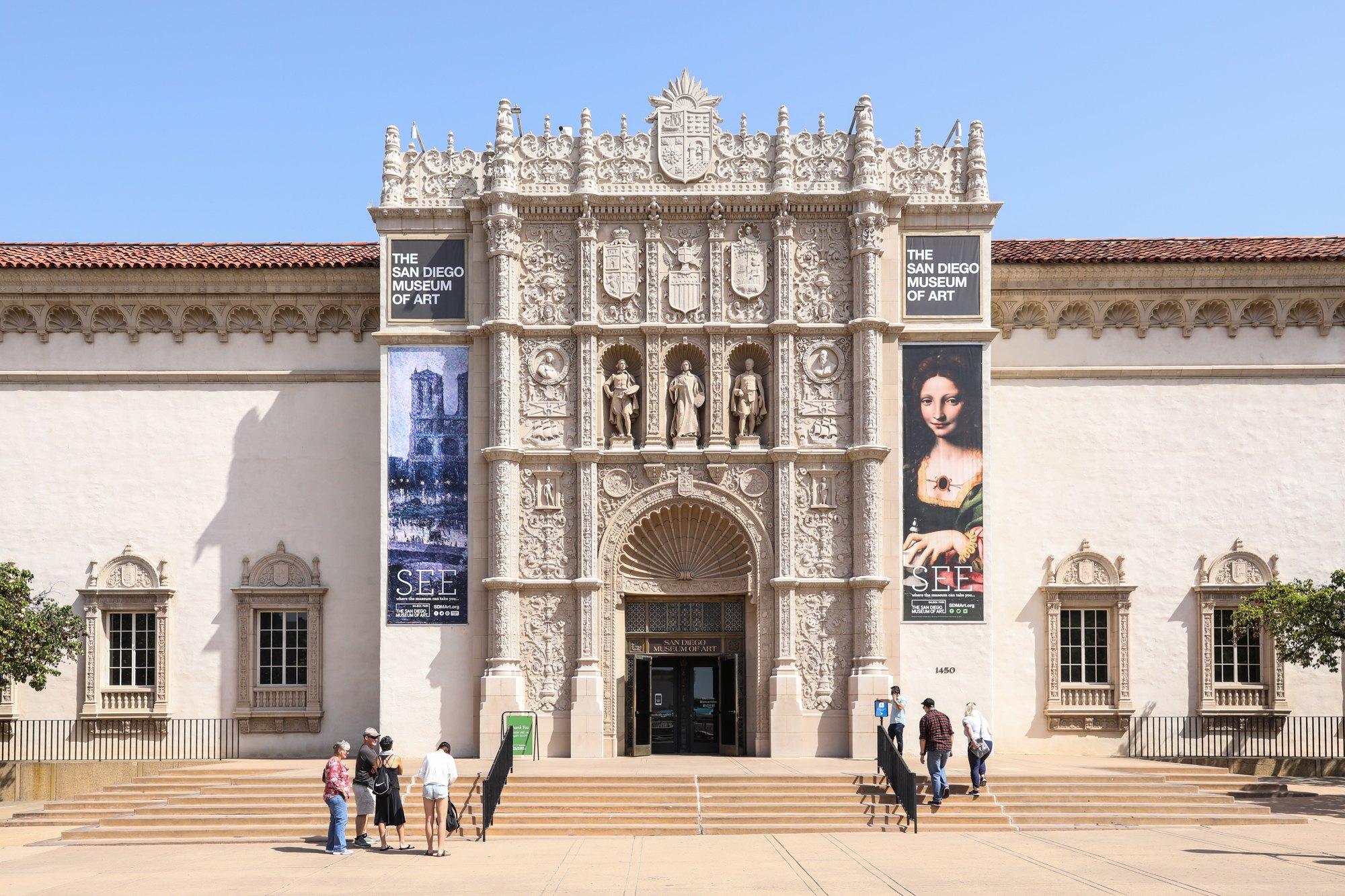 The San Diego Museum of Art’s ornate Plateresque façade and front steps in Balboa Park