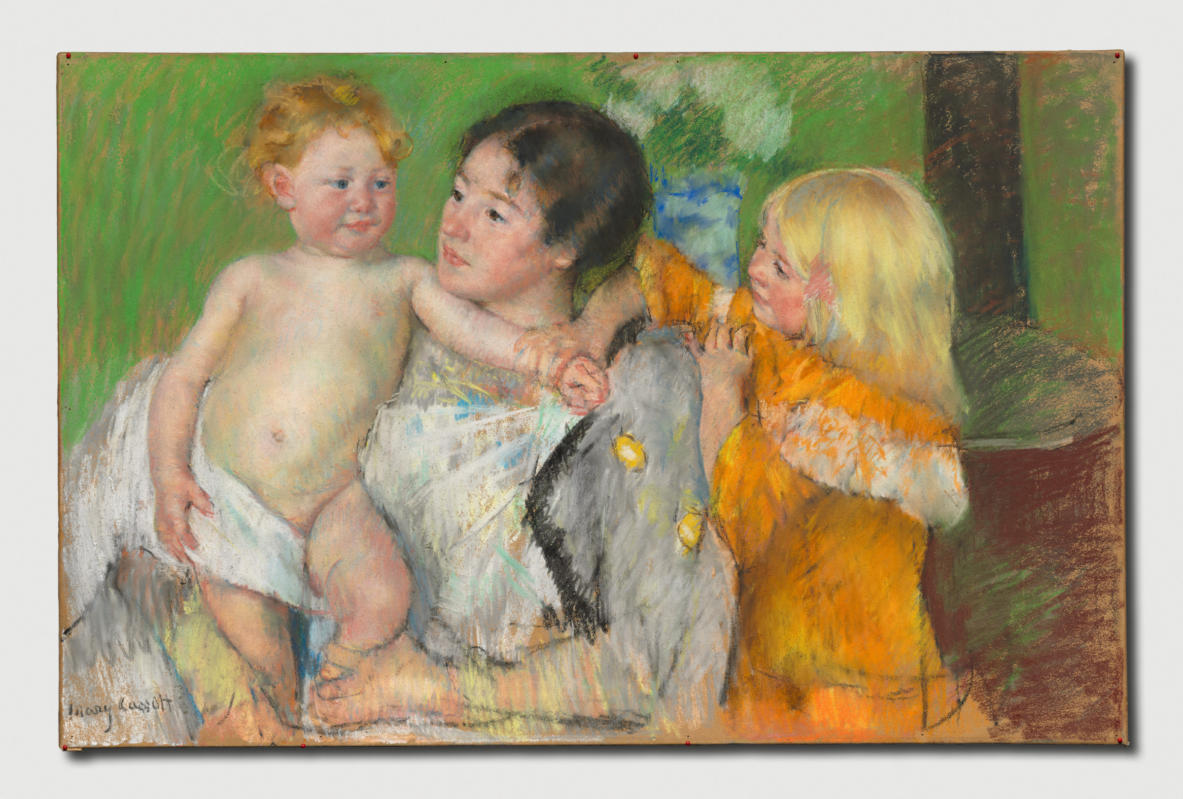 A pastel in bright greens and oranges: a woman kneels to dry a naked toddler standing on a white towel, while a second child in yellow leans in from the right.