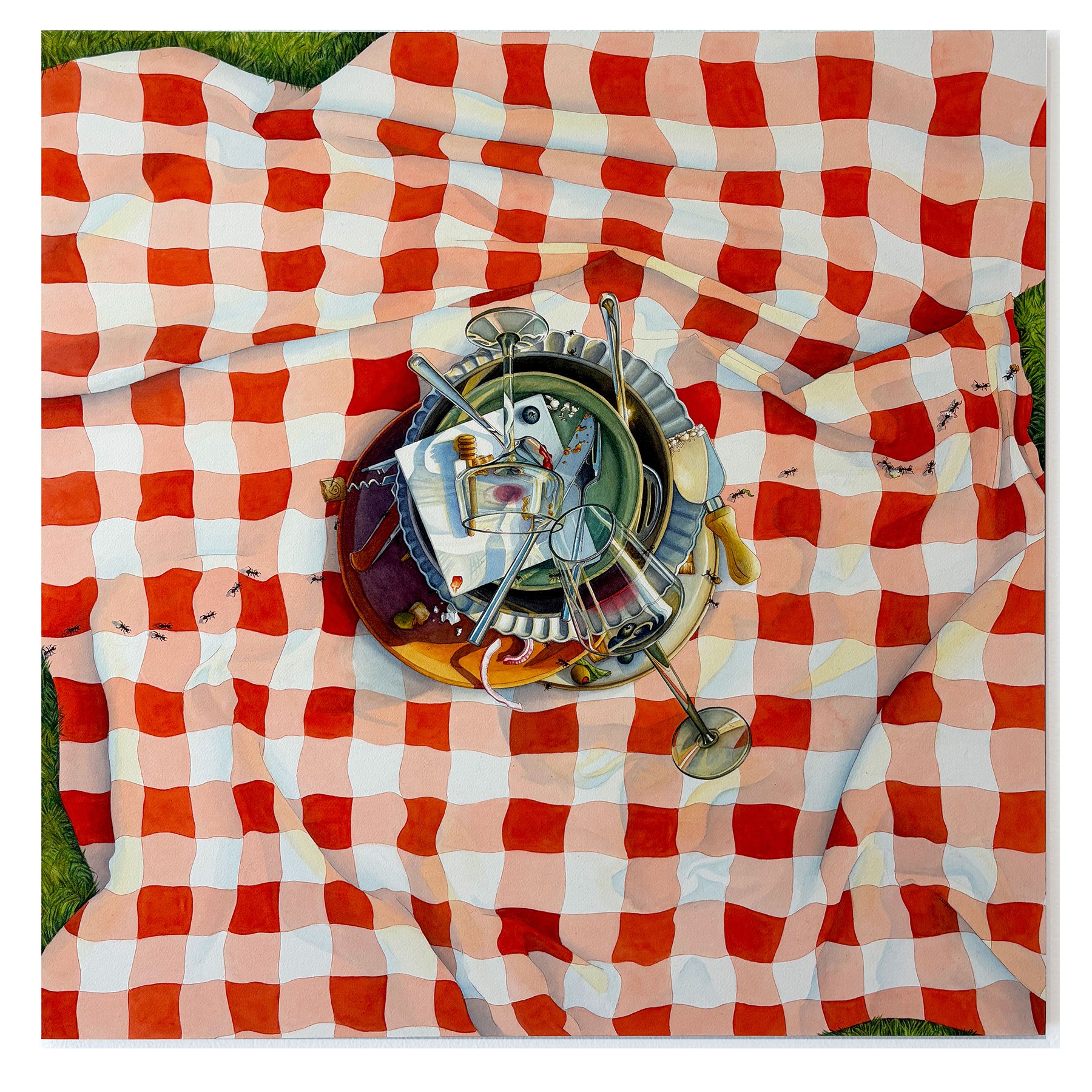 Watercolor of a red-and-white checkered picnic cloth with a dish of objects at its center