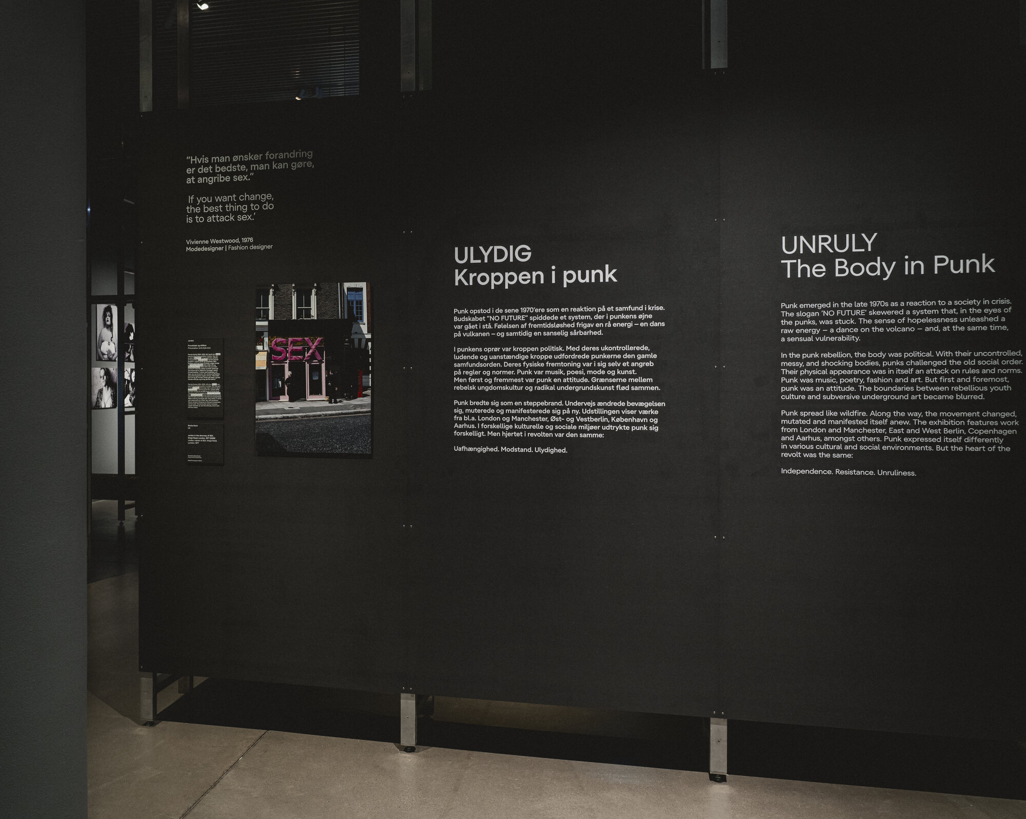 Installation view of "UNRULY: The Body in Punk" at ARoS, the exhibition title wall text
