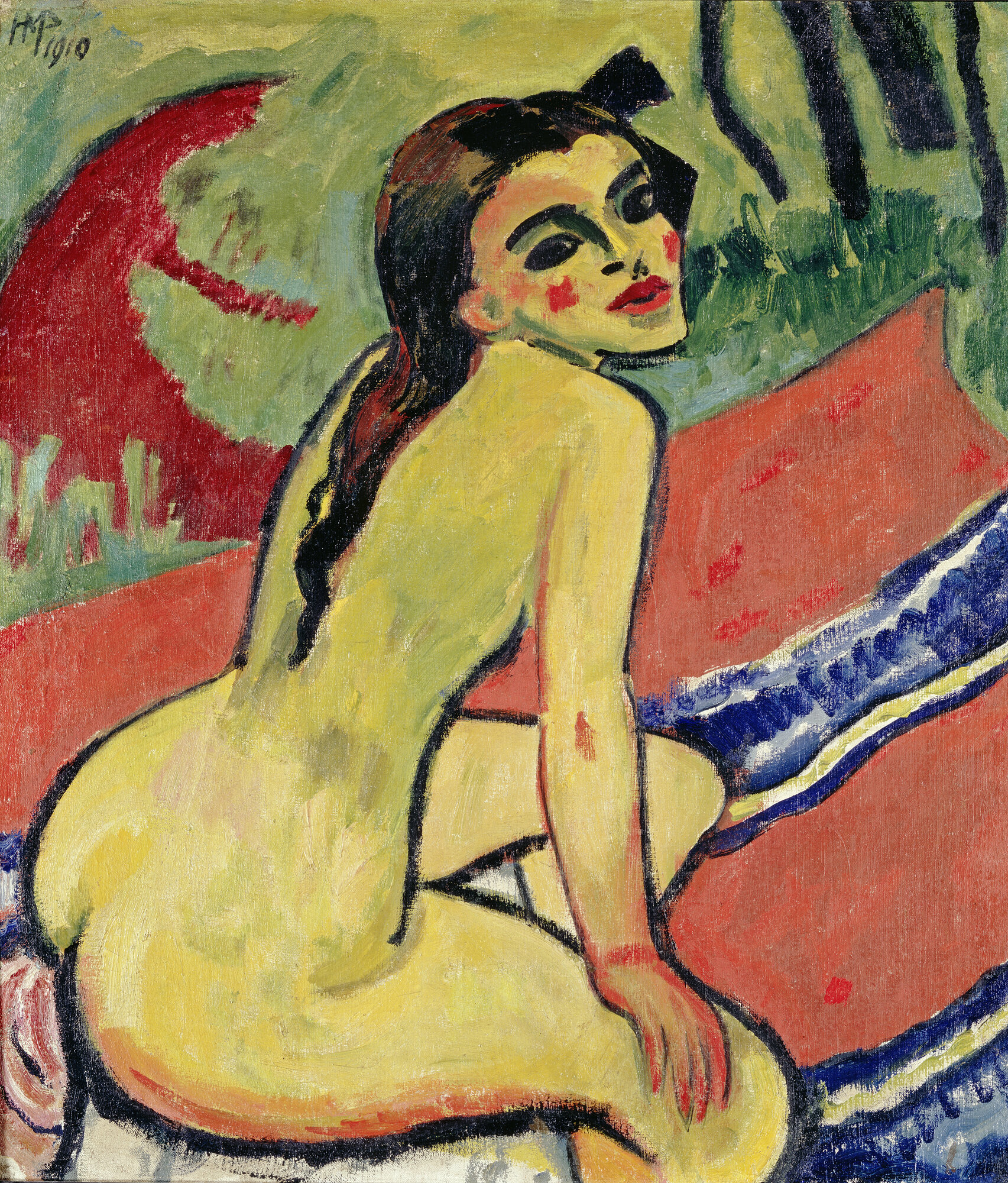 Max Pechstein, Seated Girl, 1910 — expressionist painting of a seated nude woman against a bold red and blue background, from the Frihedens Fald exhibition