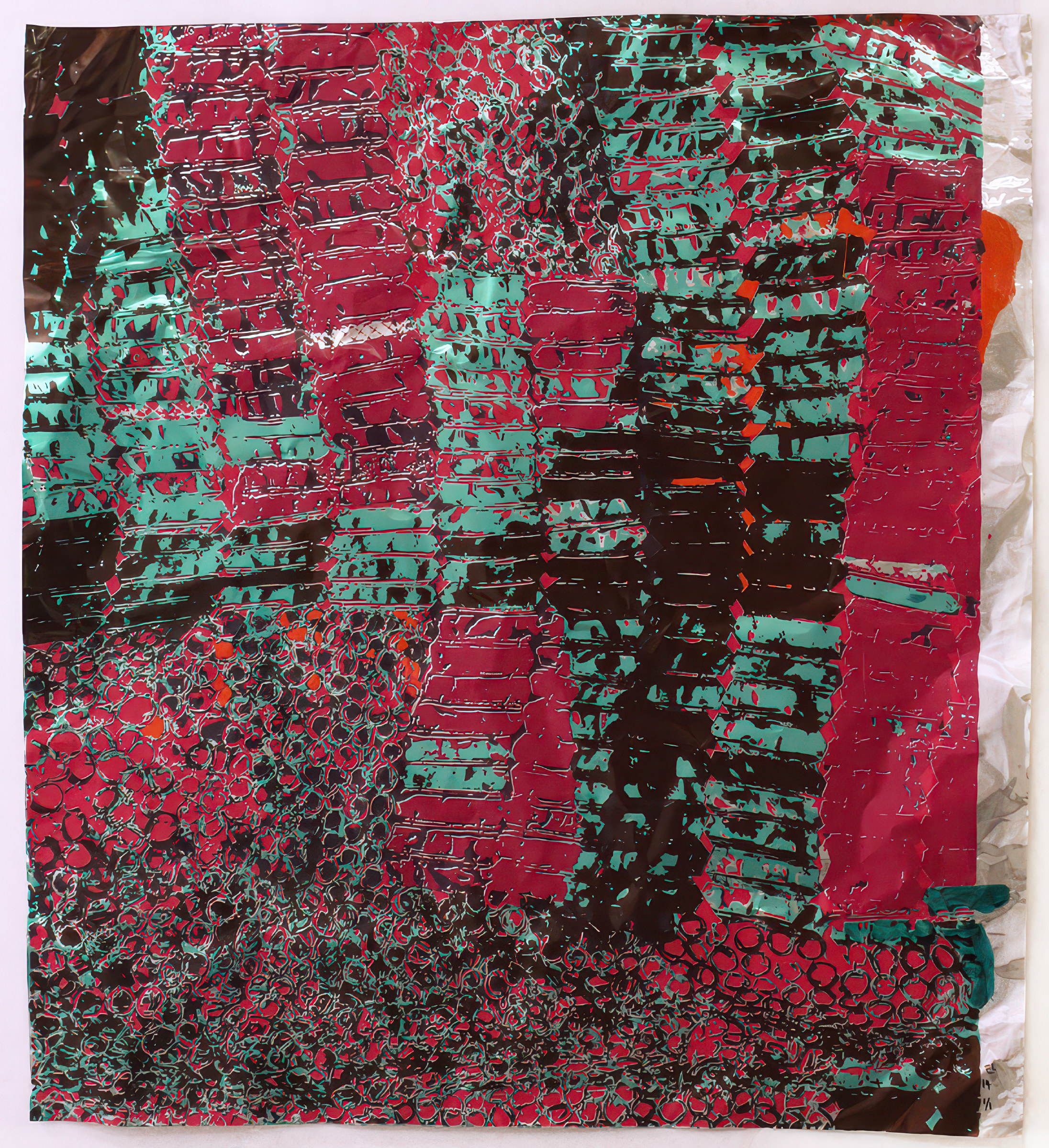 El Anatsui, Untitled (with Red): stenciled and hand-painted aluminum in crimson, turquoise and black