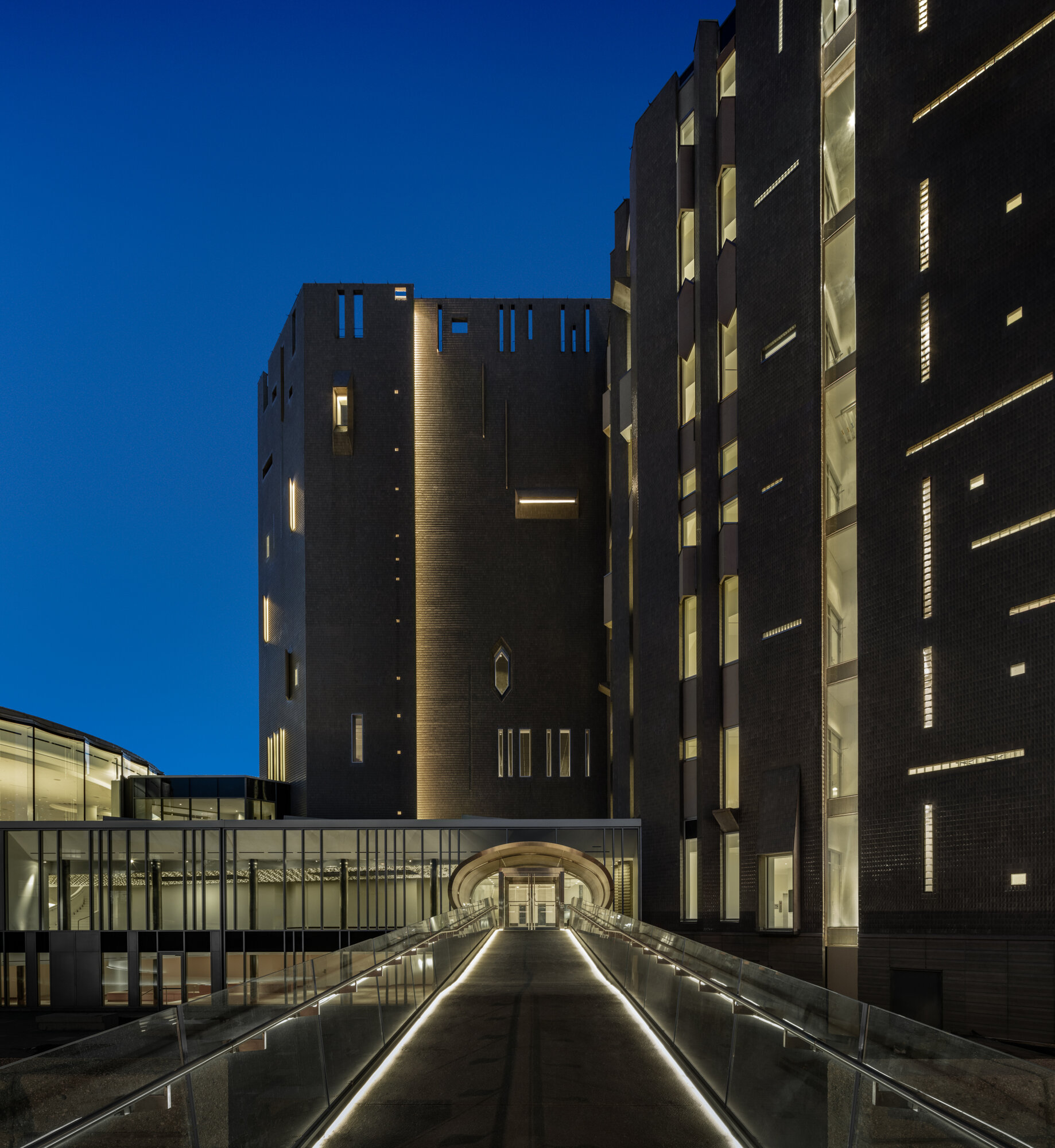 Exterior view of the Frederic C. Hamilton Building at the Denver Art Museum at dusk