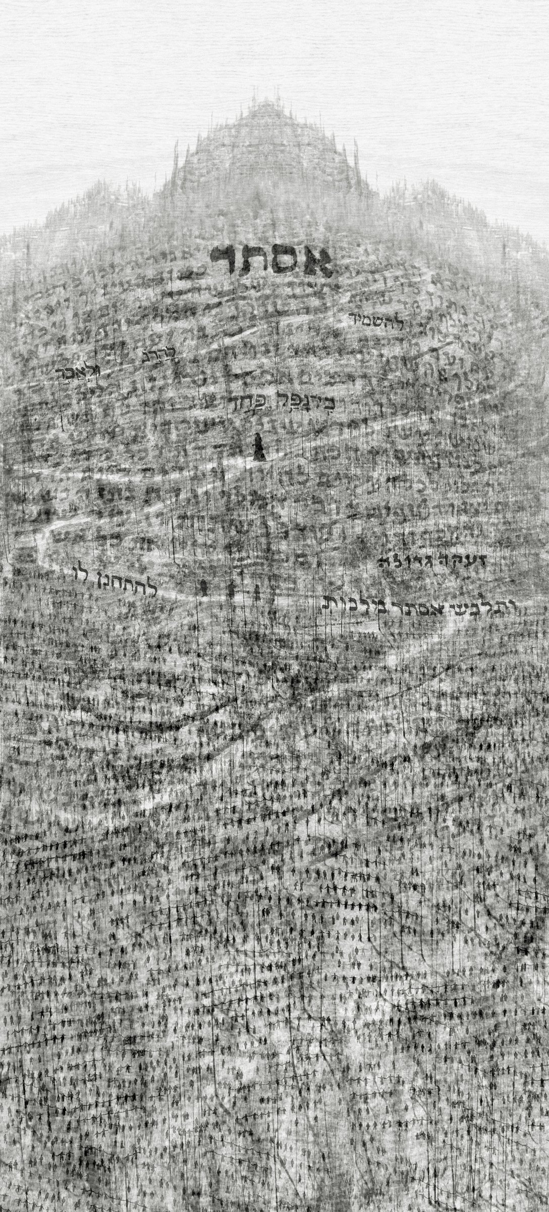 Michal Rovner black-and-white print of dense script forming a mountain-like image