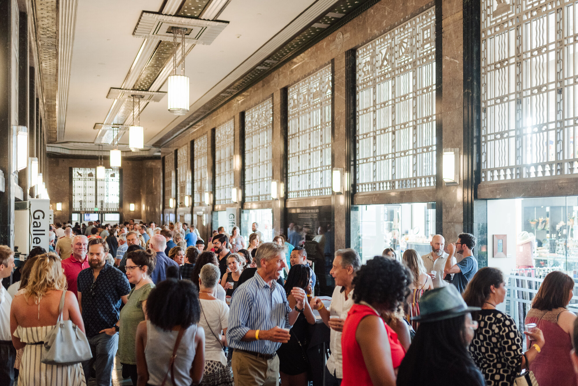 Crowded lobby reception at the Frist Art Museum