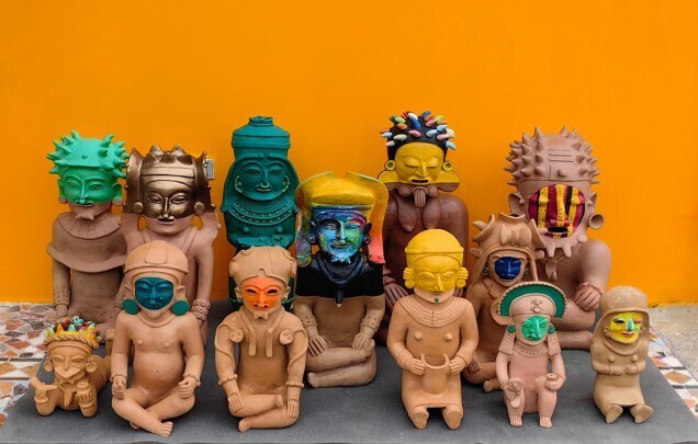 Pamela Cevallos, Corrientes de retorno (Return currents), 2015-2025, painted ceramic figures, on view in I Follow Rivers: Indigenous Worlds in Latin America at the Denver Art Museum