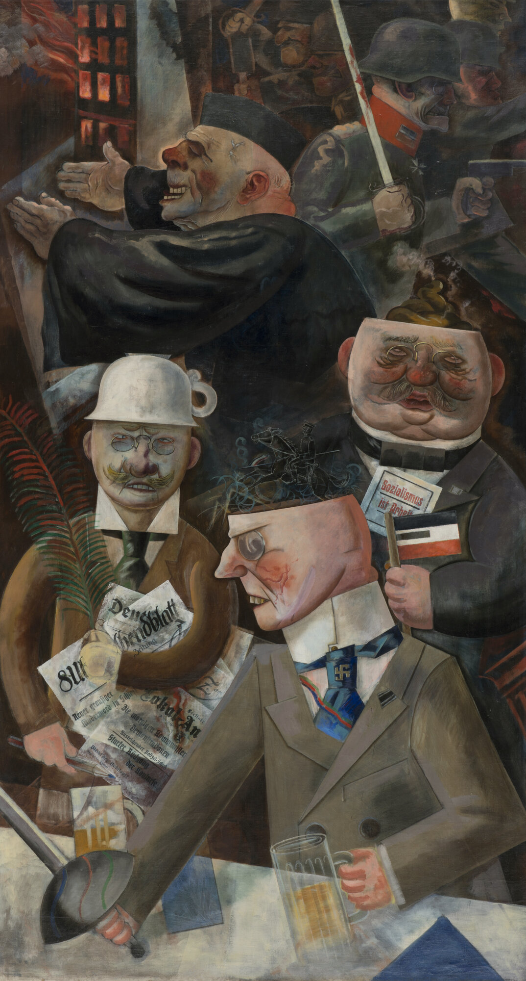 George Grosz, Pillars of Society, 1926 — satirical painting of grotesque political and business figures at a rally, from the Frihedens Fald exhibition