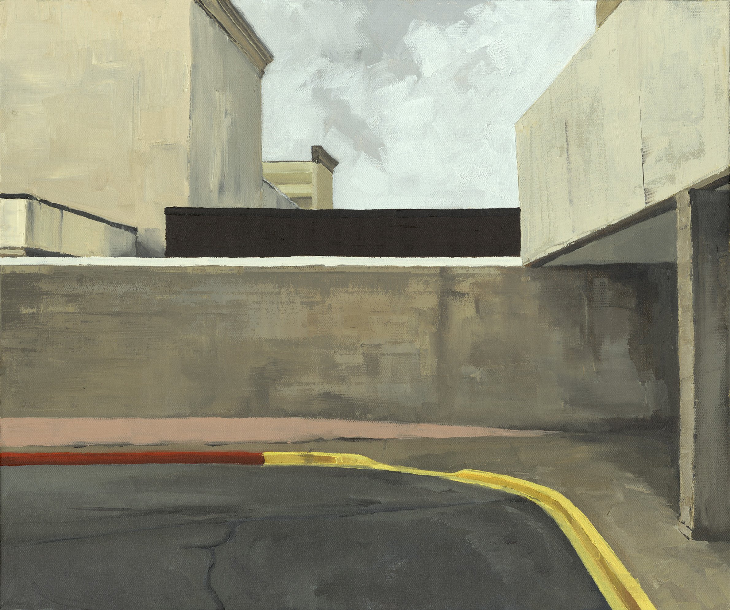 Painting of an empty concrete lot bounded by plain buildings with yellow curb lines
