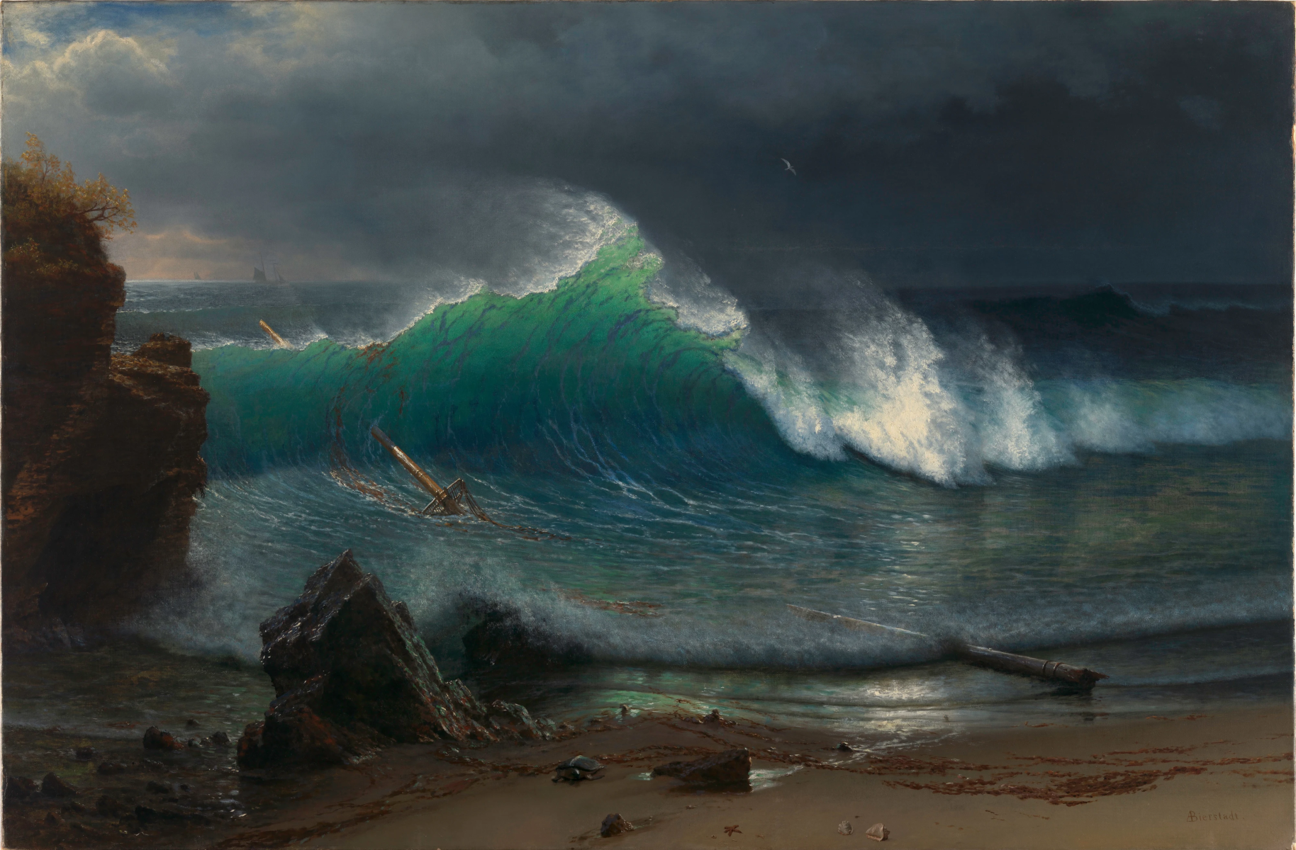 Albert Bierstadt, The Shore of the Turquoise Sea: a green wave breaking over a rocky beach under a dark sky