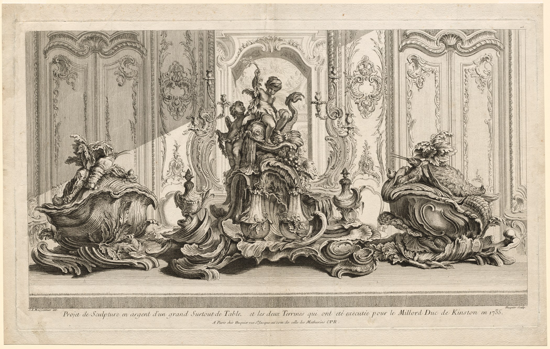 Etching of an elaborate silver centerpiece flanked by two tureens set before carved paneling