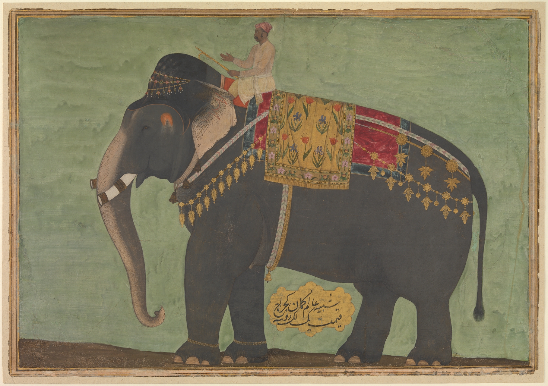 A Mughal album painting of a caparisoned elephant in profile, its skin finely stippled in grey, a mahout seated on its neck, set against a plain green ground with a decorated border.