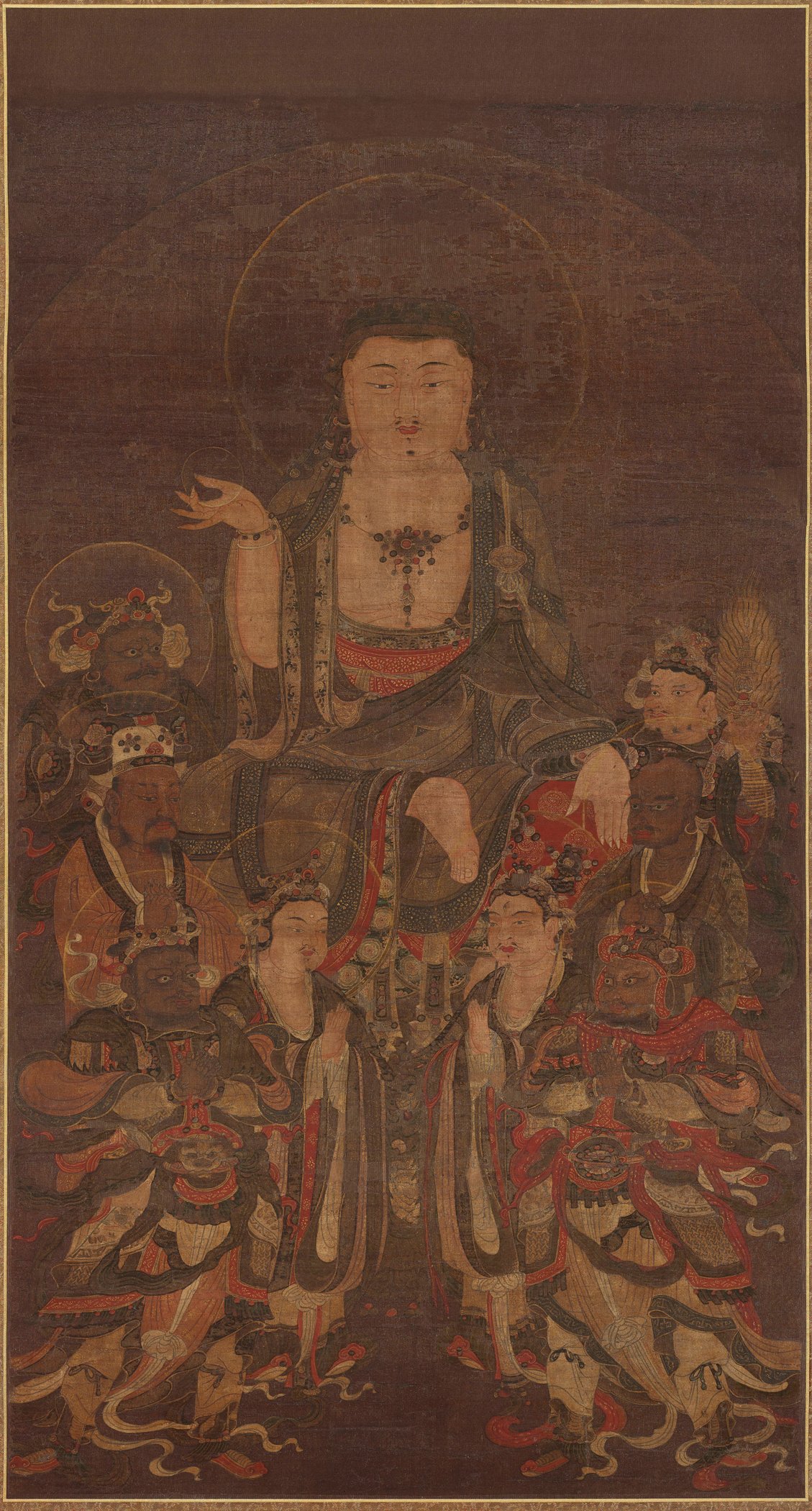 Goryeo painting of Kshitigarbha seated among crowds of guardian deities