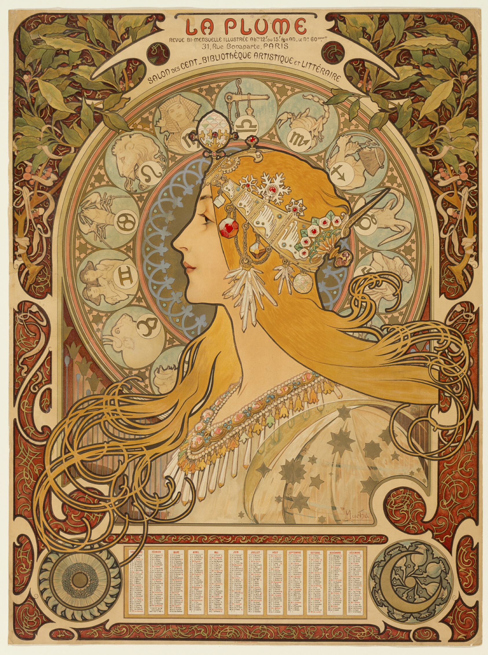 A woman in profile with elaborately coiled hair wearing a jewelled diadem, set inside a large circular border filled with the twelve zodiac signs.
