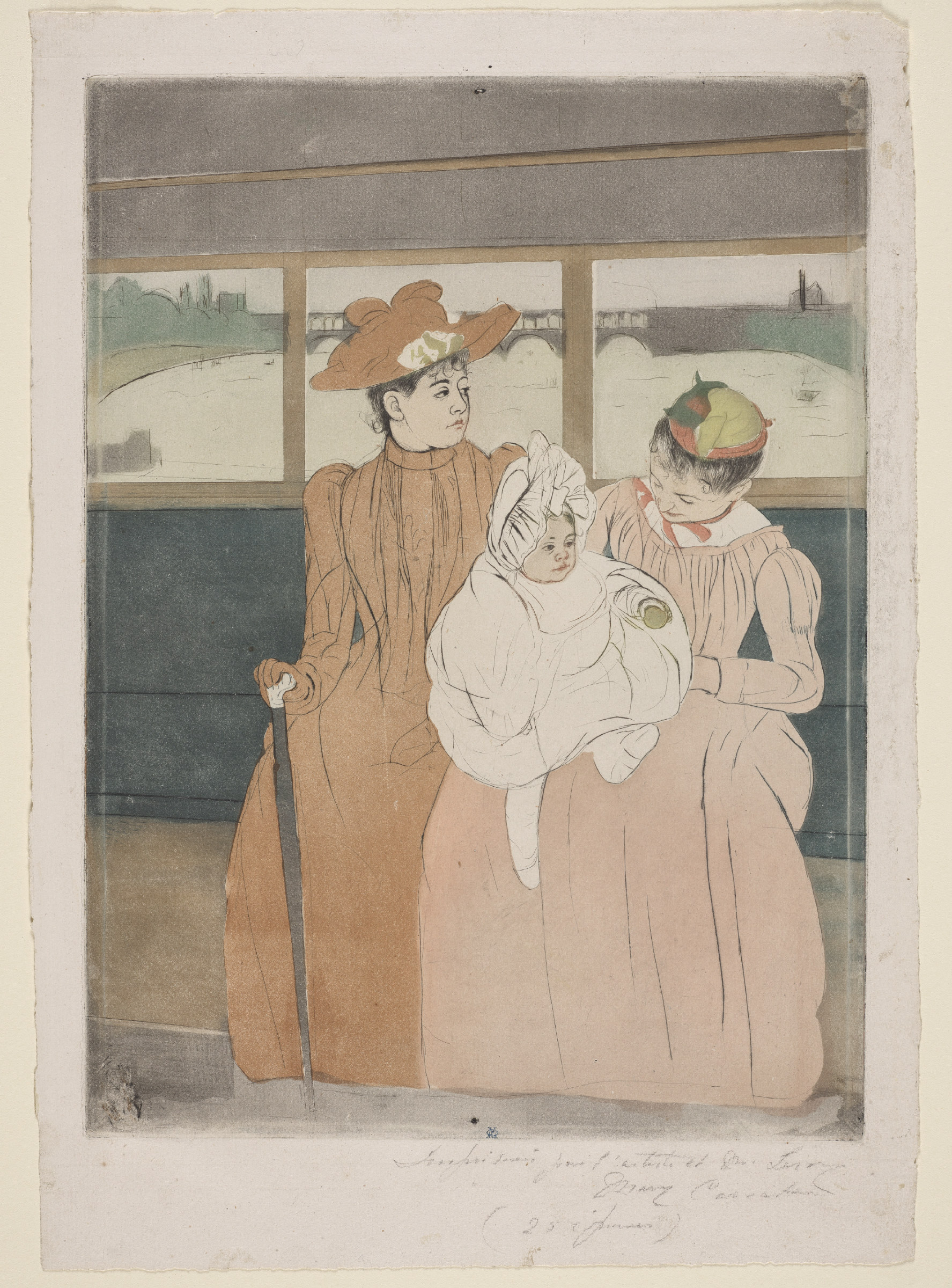 A colour drypoint of two women and a baby seated side by side on a Paris omnibus bench, the flat blue and grey shapes and clean outlines showing the influence of Japanese prints.