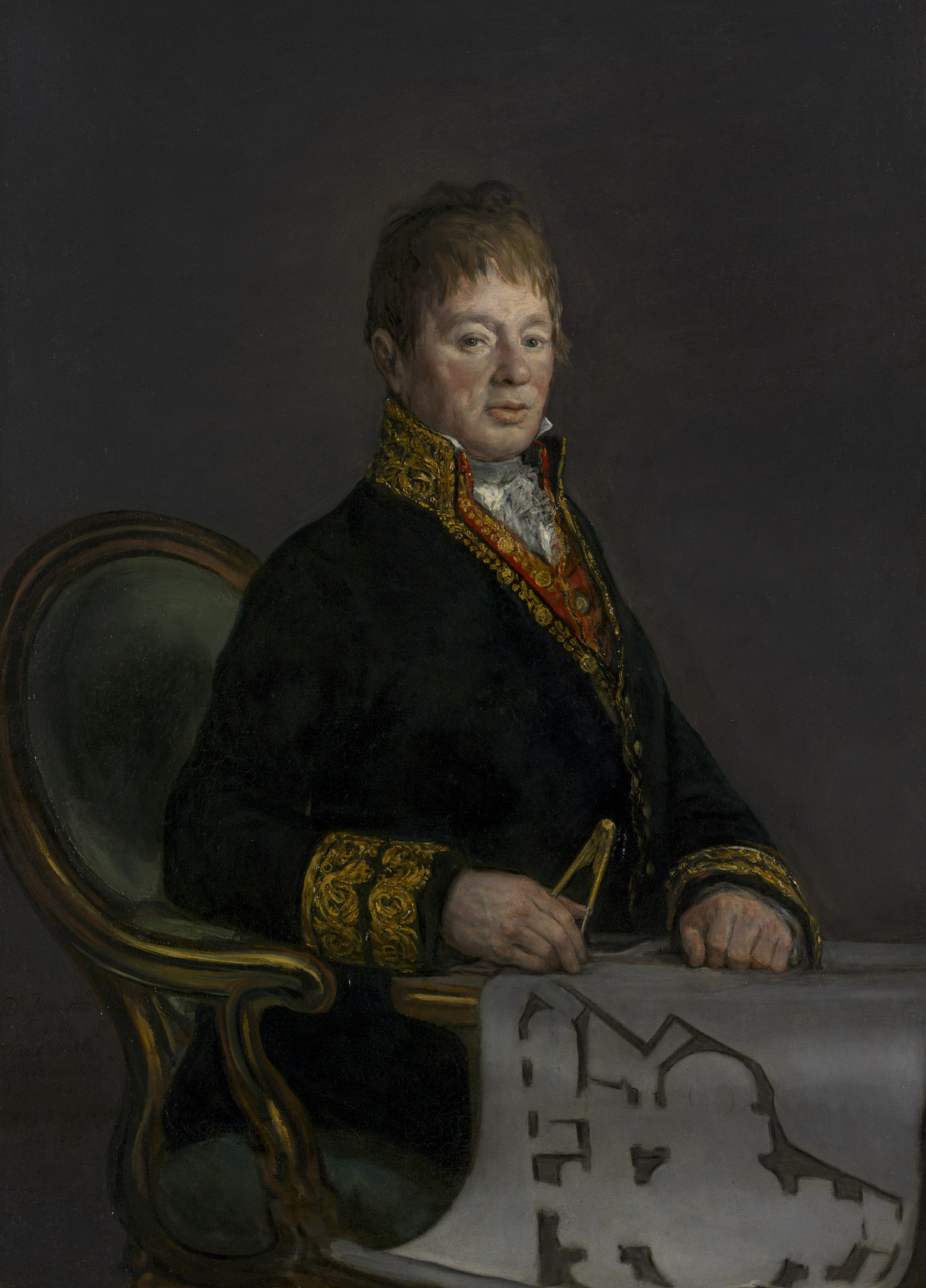 Three-quarter-length portrait of a man in a dark coat seated at a table with architectural drawings and a compass, looking directly at the viewer.