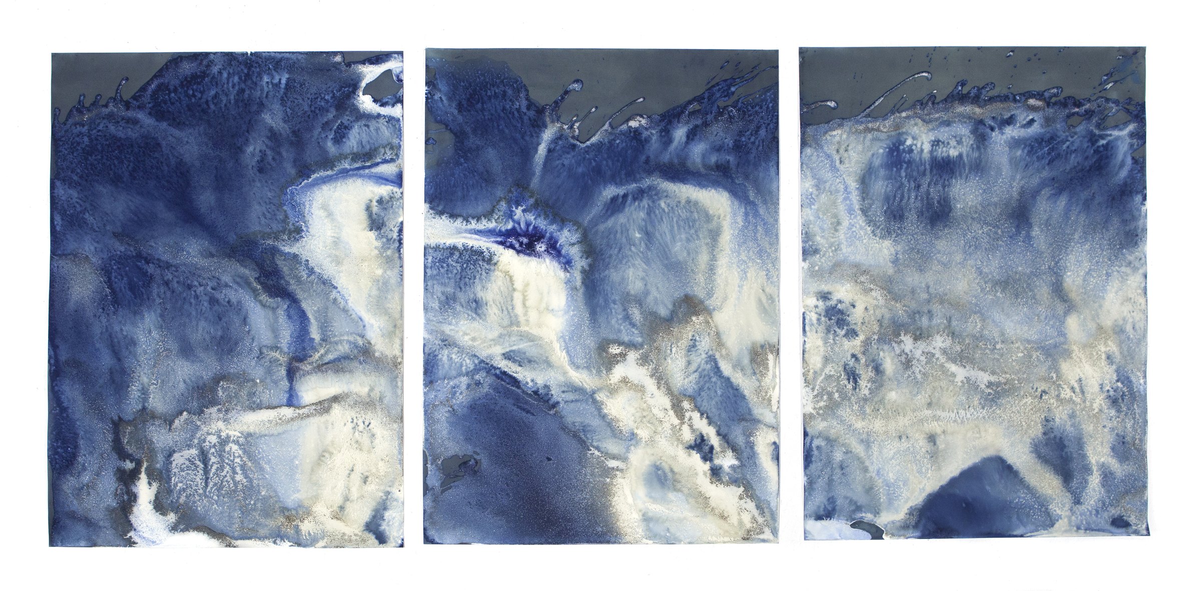 Meghann Riepenhoff, Littoral Drift #475: a triptych of blue and white cyanotypes