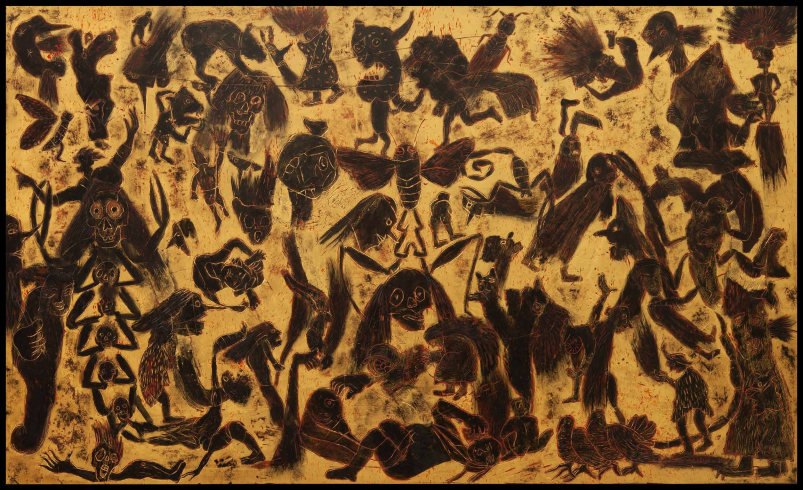 Sergio Hernandez, Estampa Japonesa: dense dark figures over a golden ground