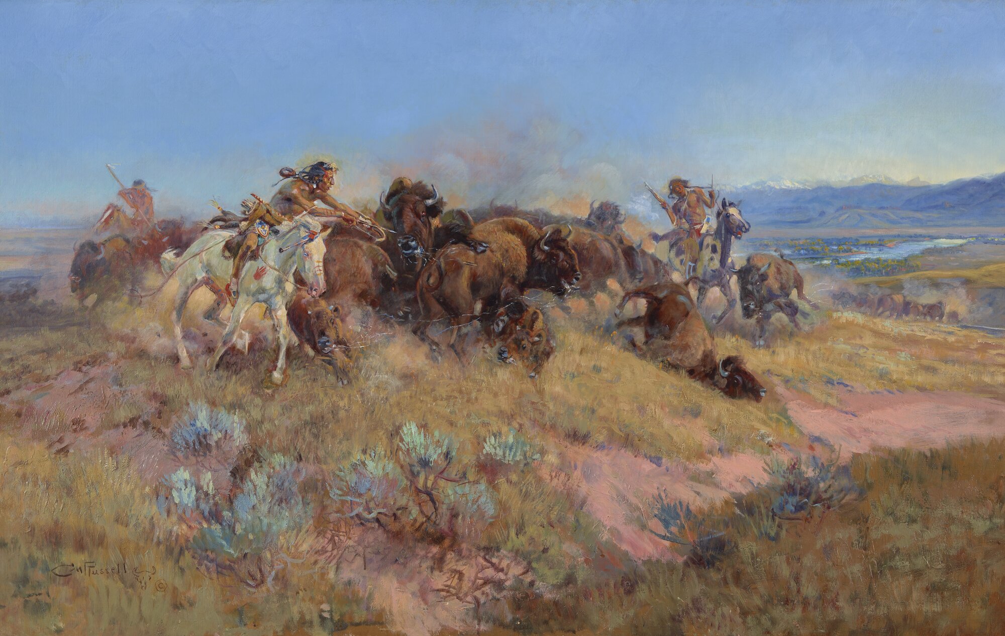 Charles Marion Russell, Buffalo Hunt, Number 40, 1919, oil paint on canvas, on view in Storytellers: The Blackfeet Nation and Charles M. Russell at the Denver Art Museum