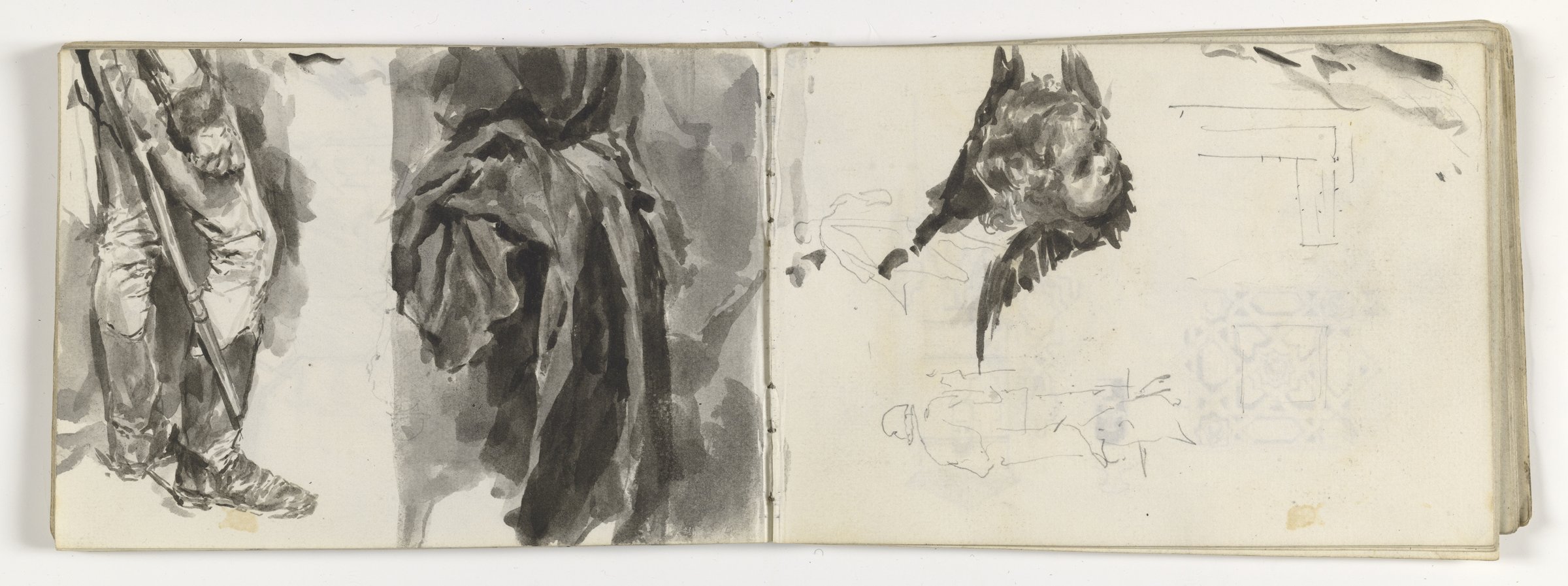 Ricardo de Madrazo, Granada sketchbook open to studies and a copy of a cherub from Velázquez’s Coronation of the Virgin