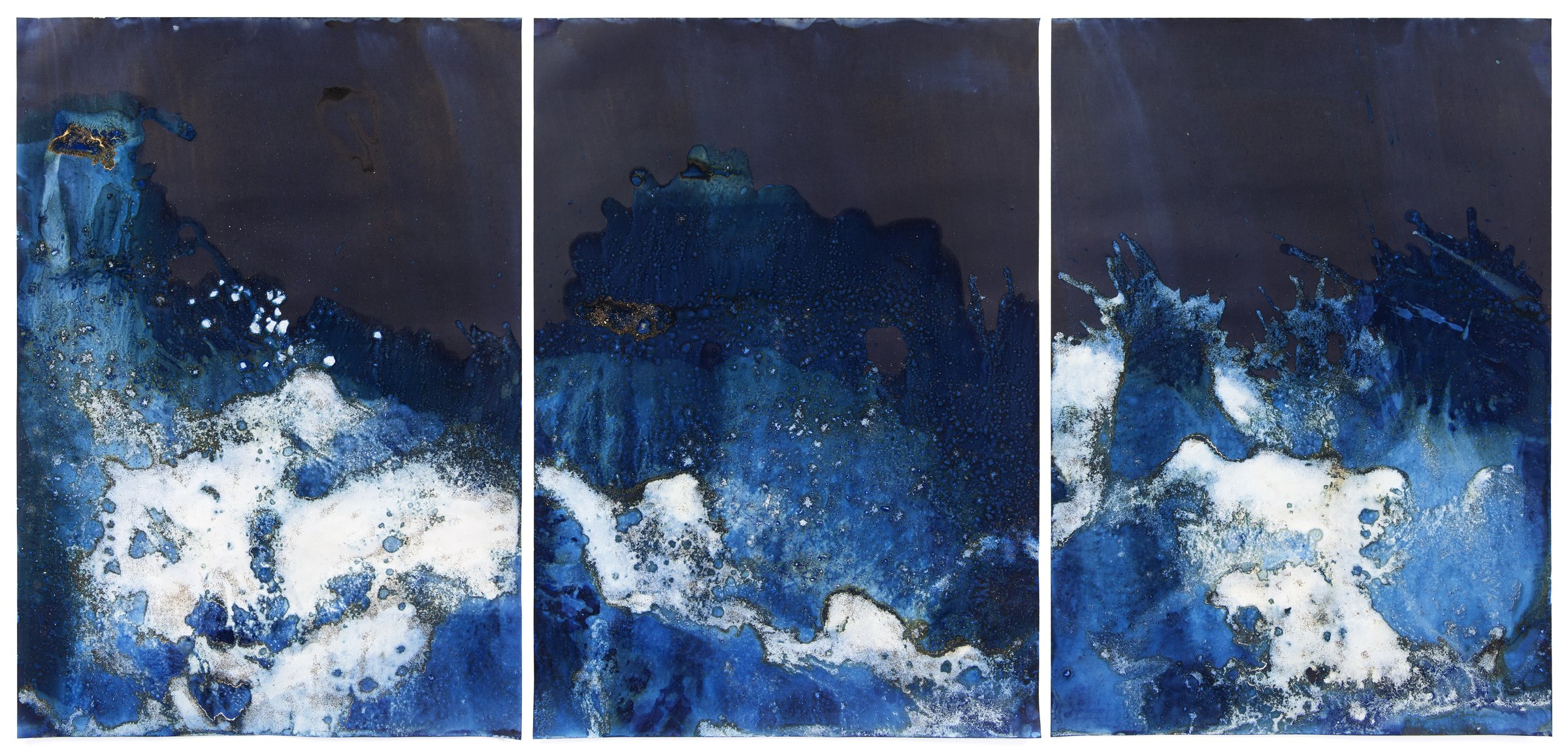 Meghann Riepenhoff, Toxic Beach: three cyanotypes in deep blue and white, side by side