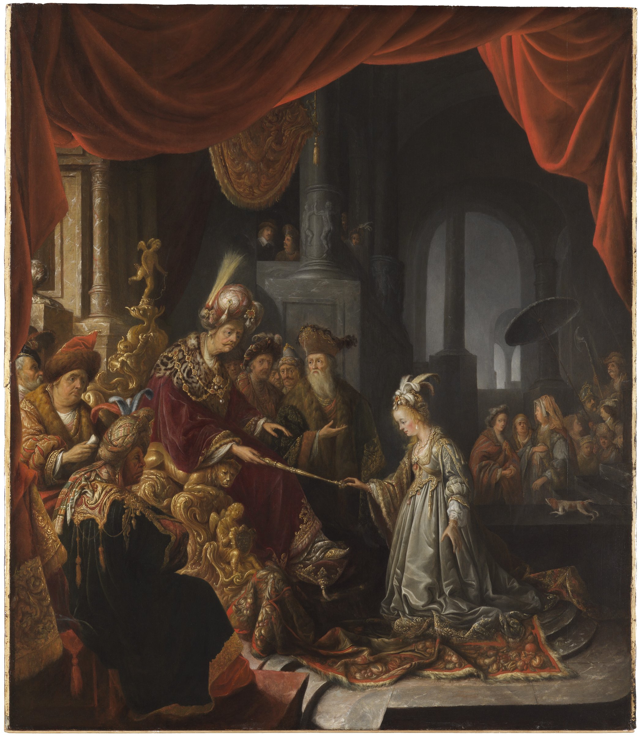 Van Staveren painting of Esther kneeling before King Ahasuerus beneath a red canopy