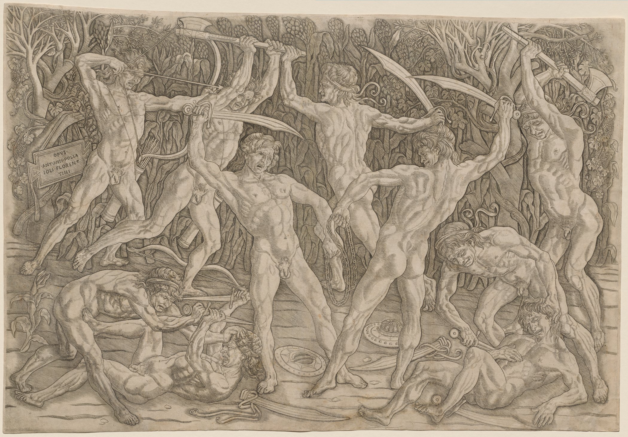Pollaiuolo engraving of ten nude men fighting with swords, axes and bows before a dense thicket