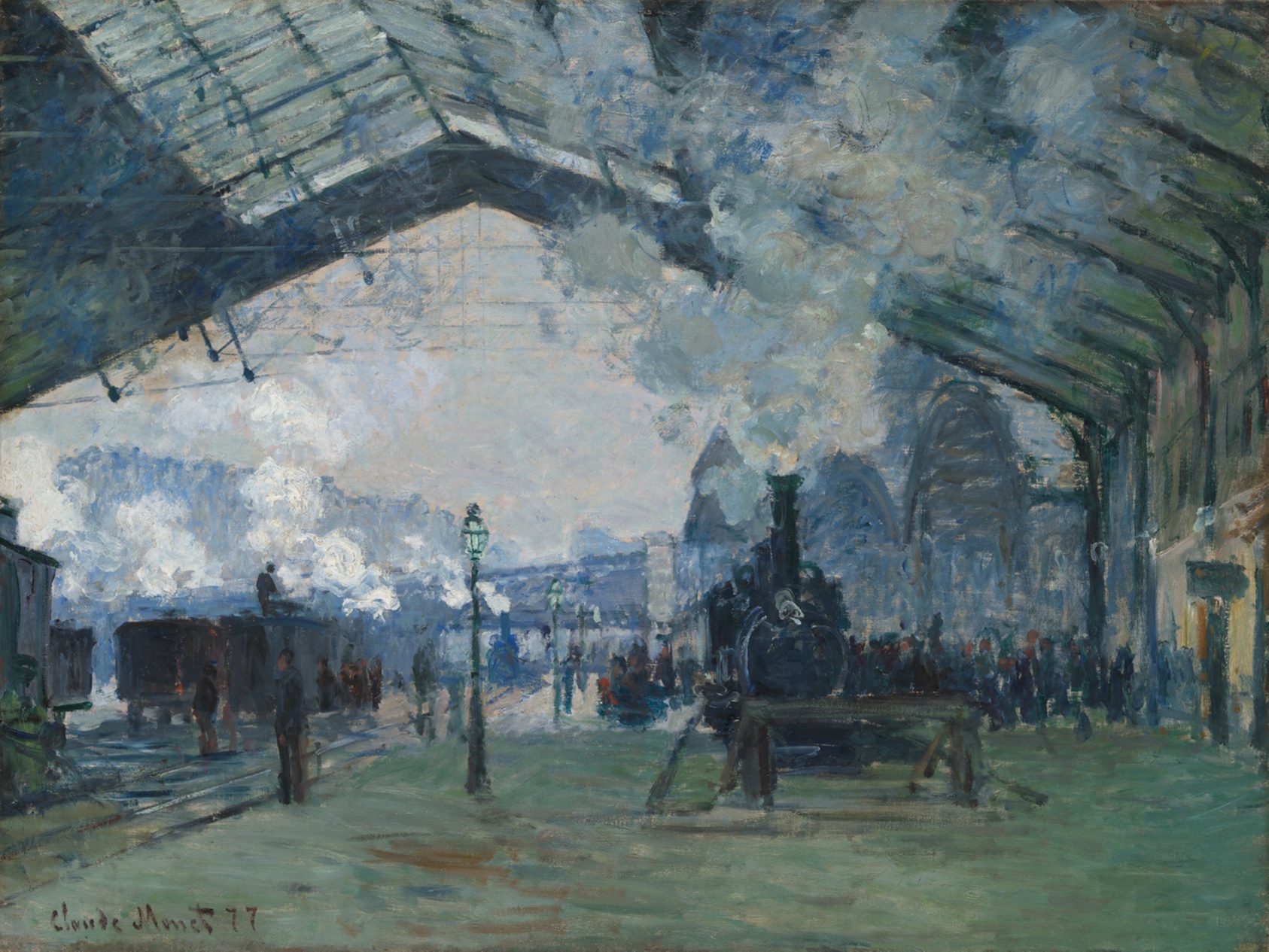 A steam locomotive pulls into a glass-roofed station, its plume of white smoke filling the vault while small dark figures wait on the platform.