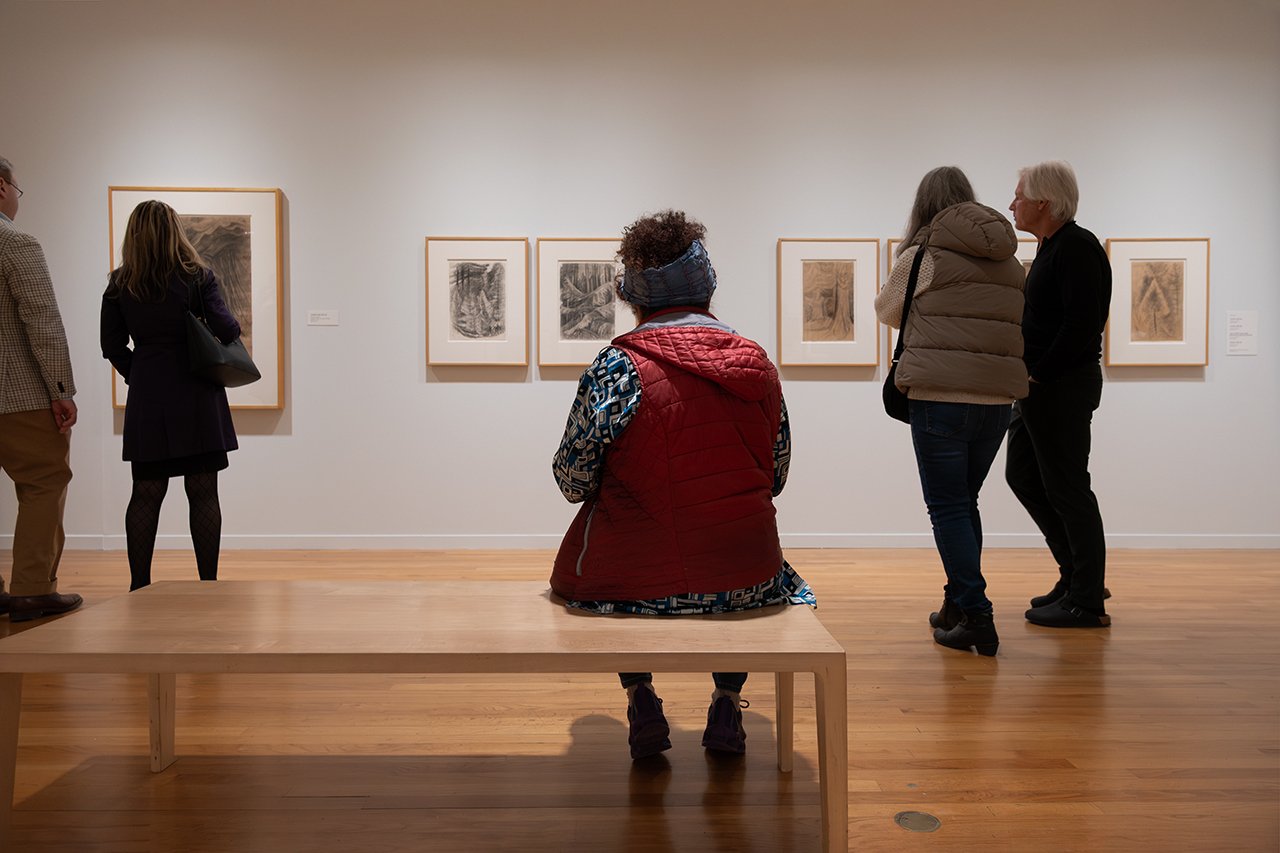 Visitors and a seated viewer among Emily Carr works on paper in That Green Ideal