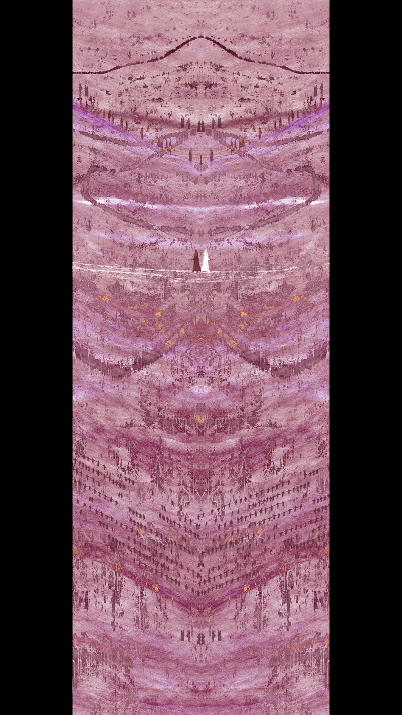 Michal Rovner video still of a pink and red banded vertical scroll pattern