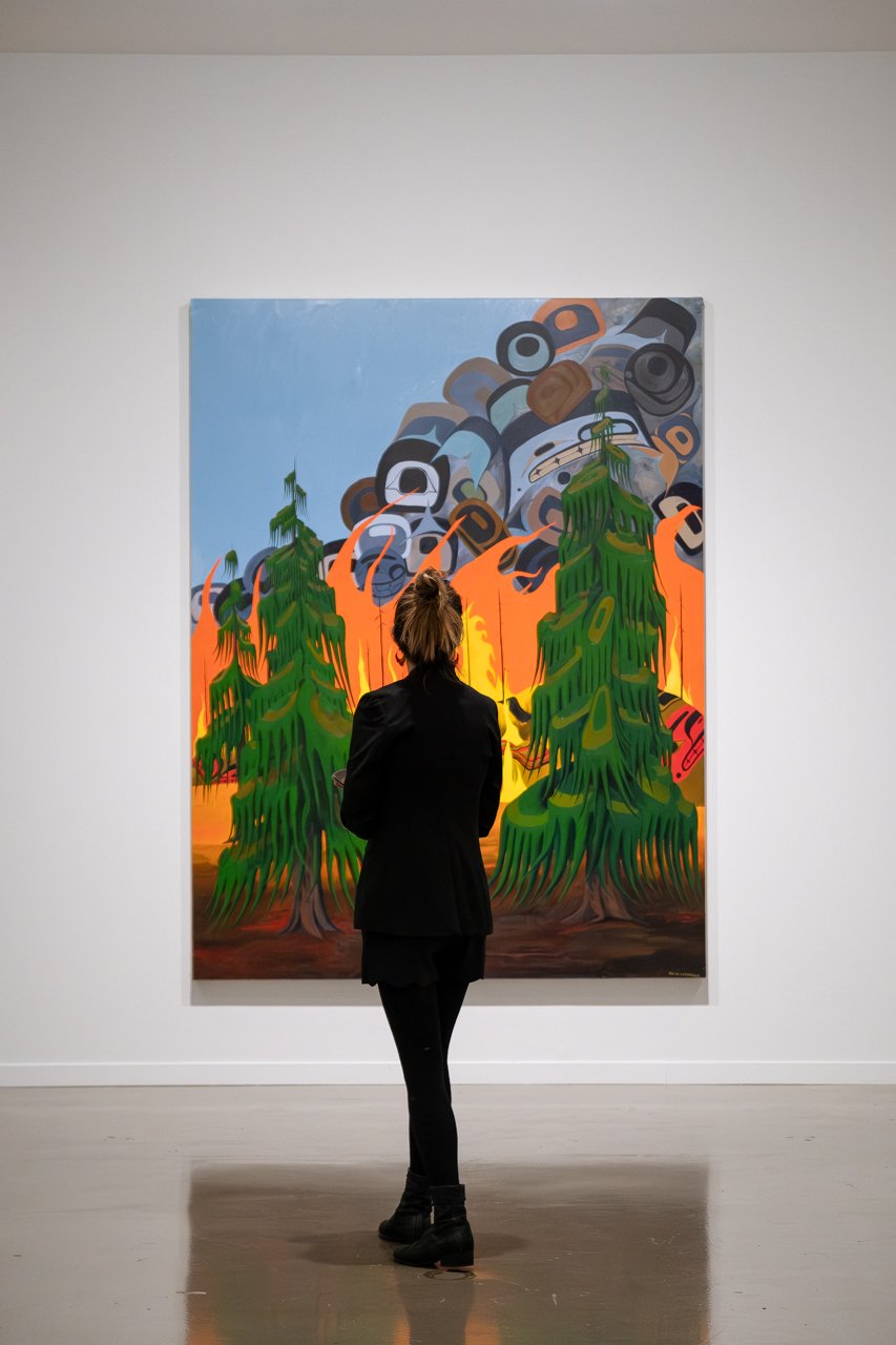 A visitor views Lawrence Paul Yuxweluptun’s painting The Impending Fire Storms, 2024