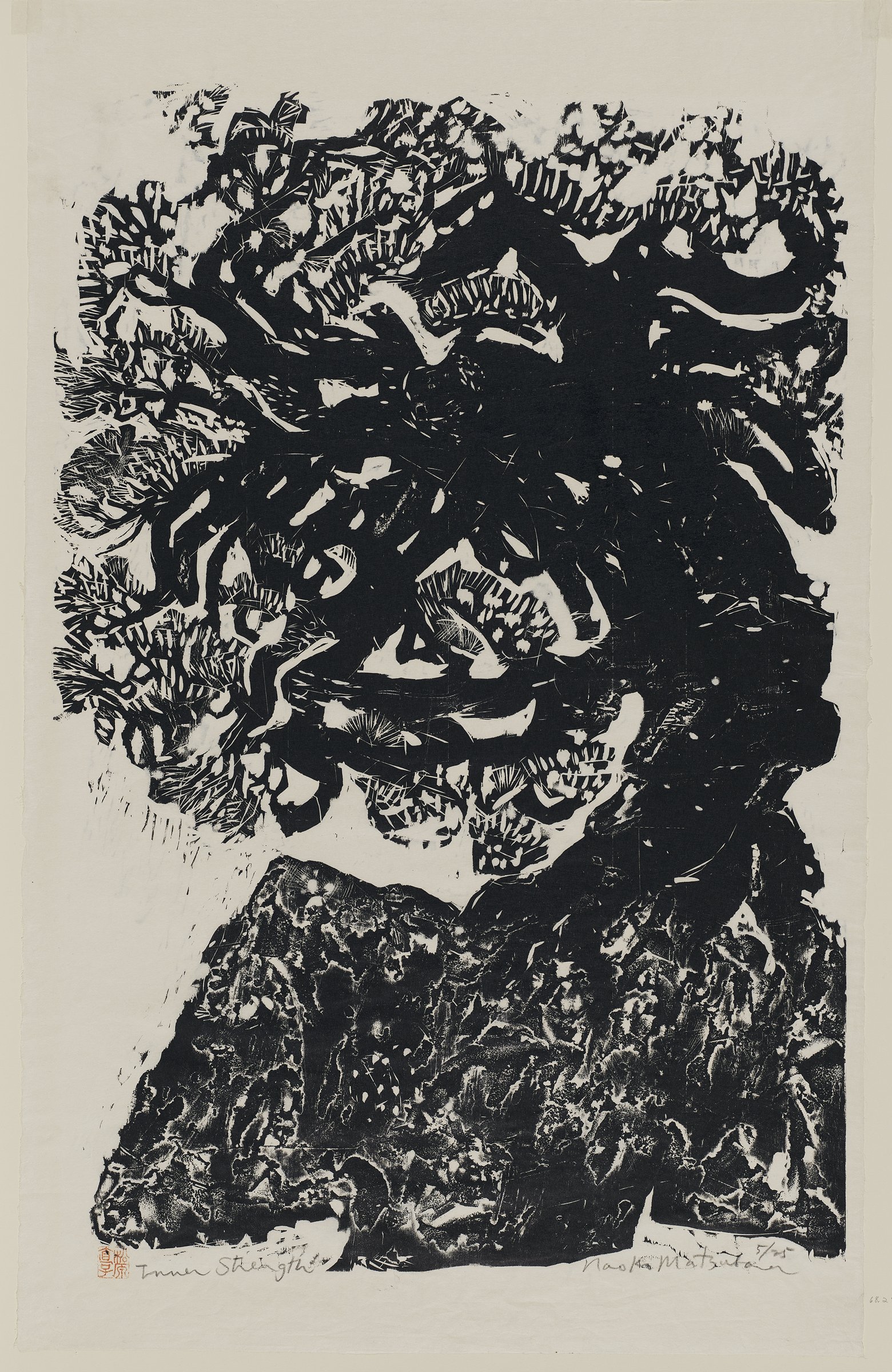 Naoko Matsubara woodcut print: Inner Strength, 1960s, black woodcut