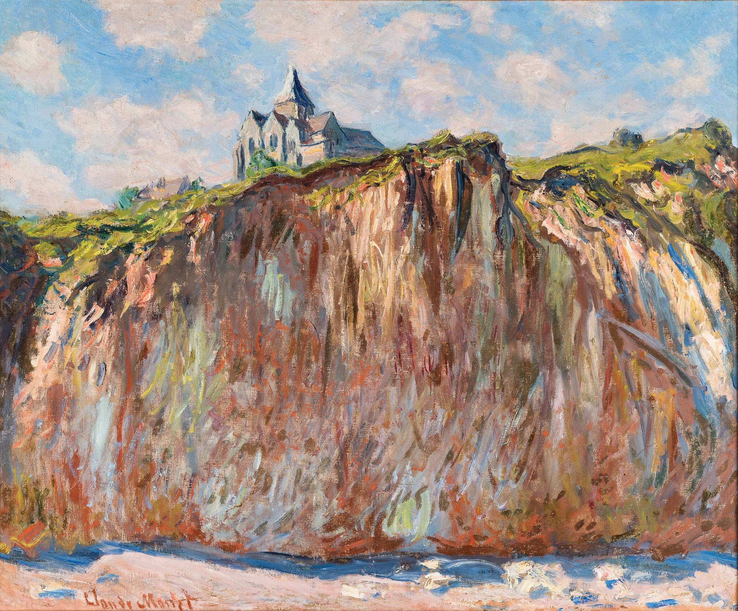 Claude Monet, Eglise de Varengeville, effet matinal: a church on a clifftop above a sunlit cliff face