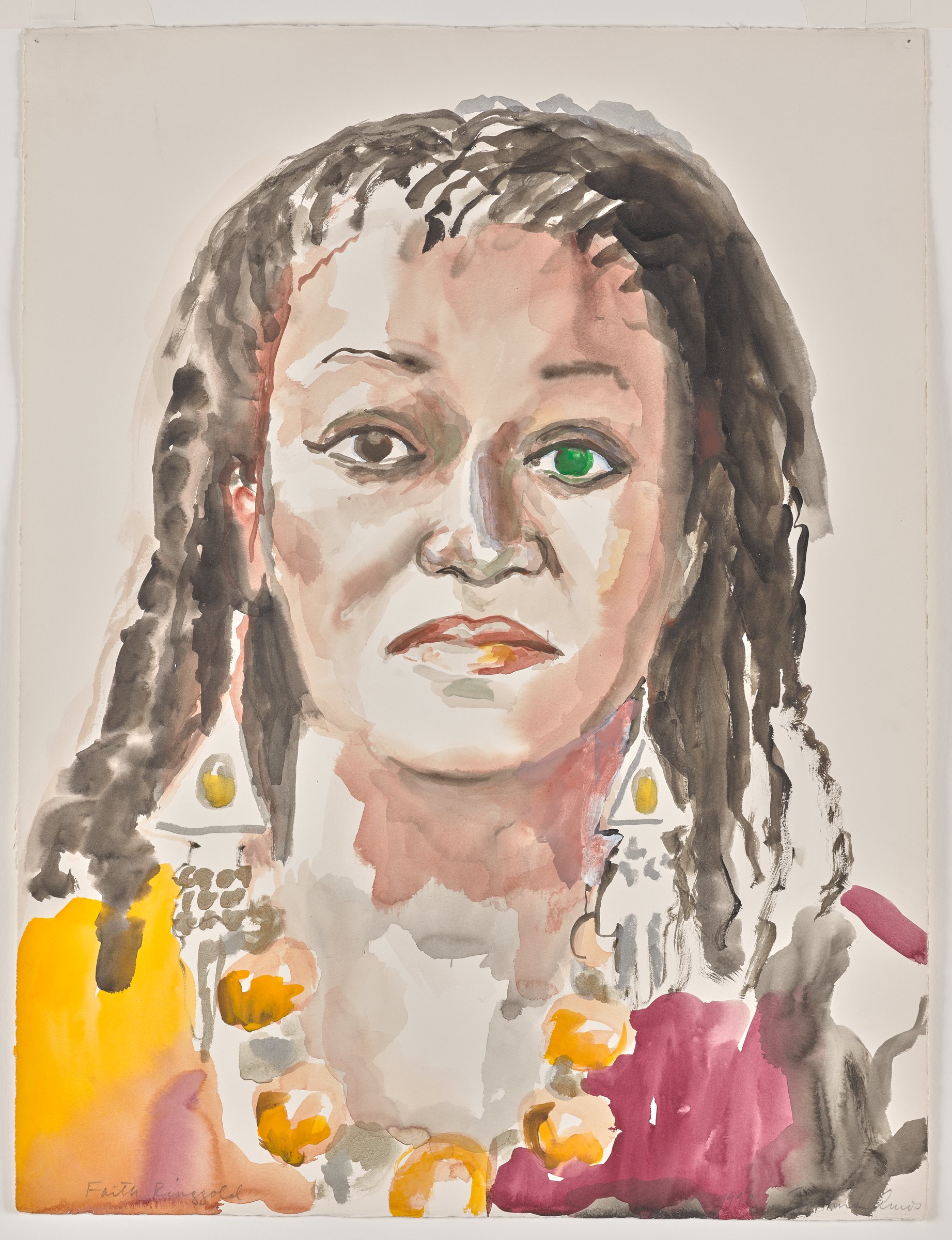 Emma Amos watercolor portrait of Faith Ringgold wearing large earrings and a beaded necklace