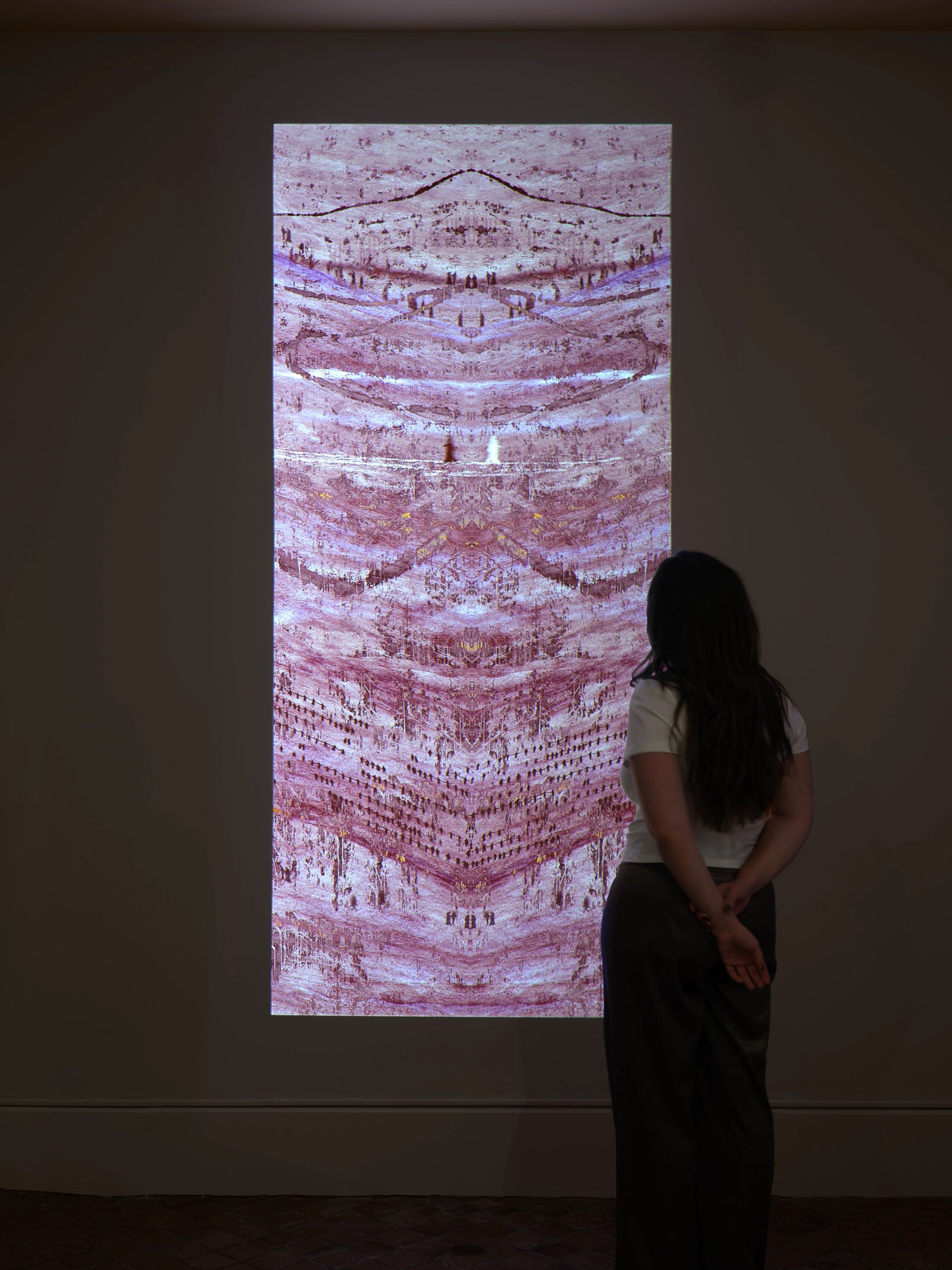 Visitor facing a tall glowing pink Michal Rovner projection in a dark gallery