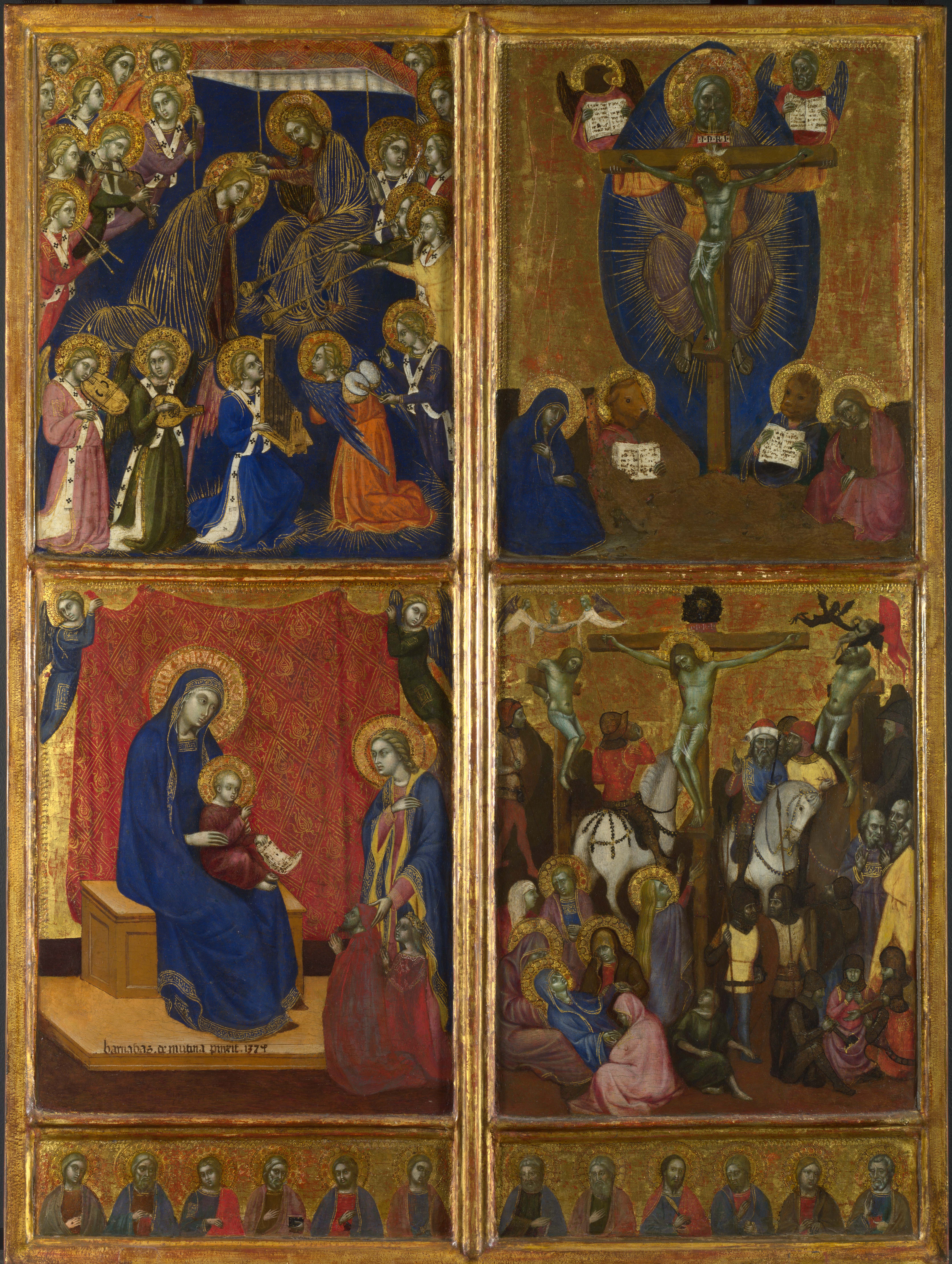 The Coronation of the Virgin; The Virgin and Child; The Trinity; The Crucifixion and The Twelve Apostles Barnaba da Modena Tempera and gold leaf on panel, 82 × 60.7 cm 1374 London, The National Gallery, Presented by Rosalind, Countess of Carlisle, 1913