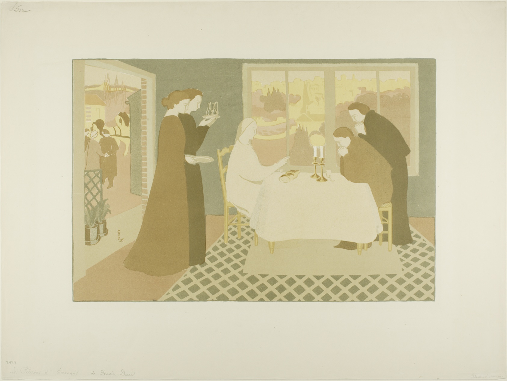 A colour lithograph of a pale interior: figures in dark dress gathered around a white-clothed table, a lattice-patterned floor beneath them and tall windows opening onto a garden behind.