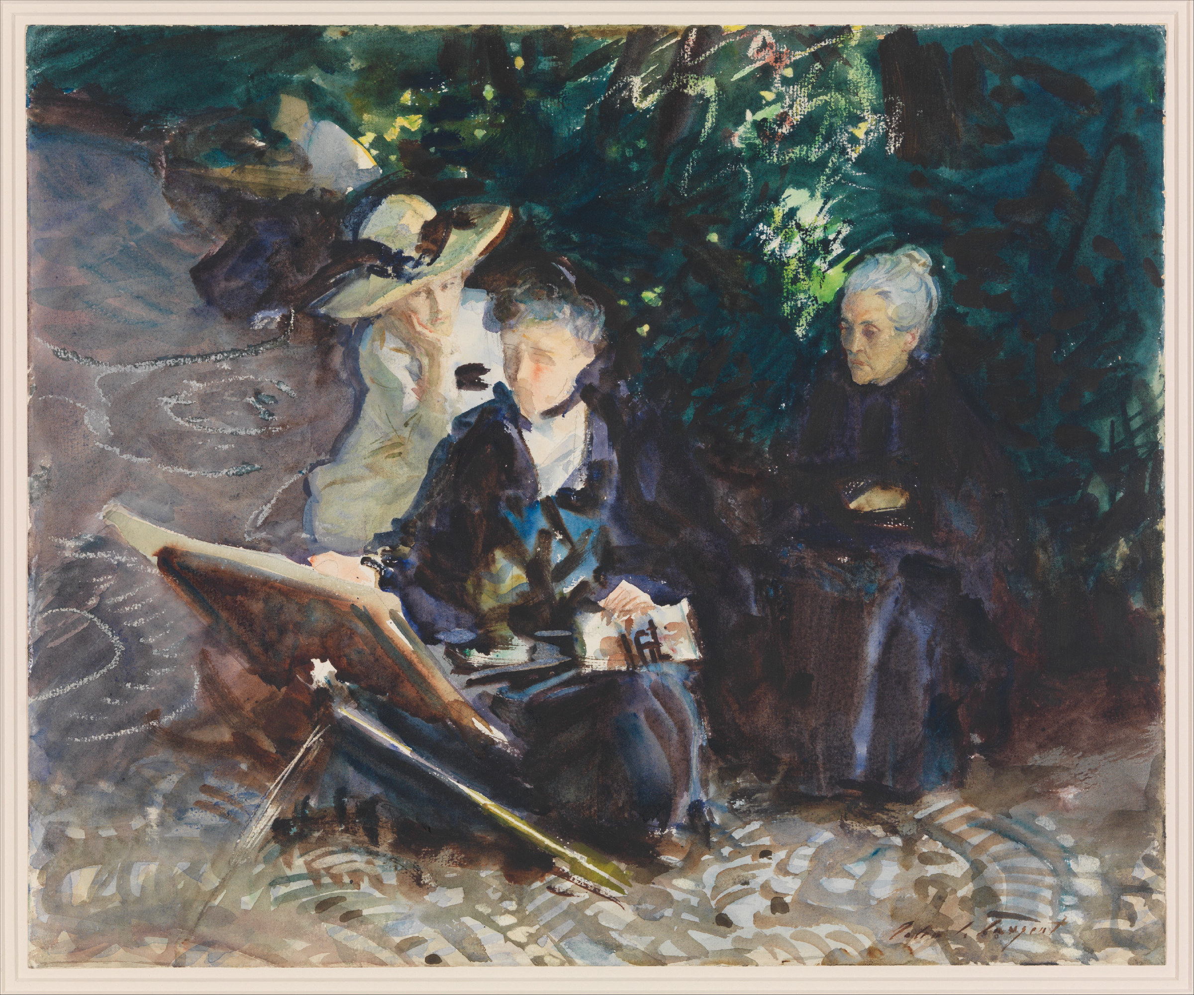 A watercolour of three women seated on a garden terrace in dappled shade, one sketching on a large pad while the others sit and watch, painted in loose transparent washes.