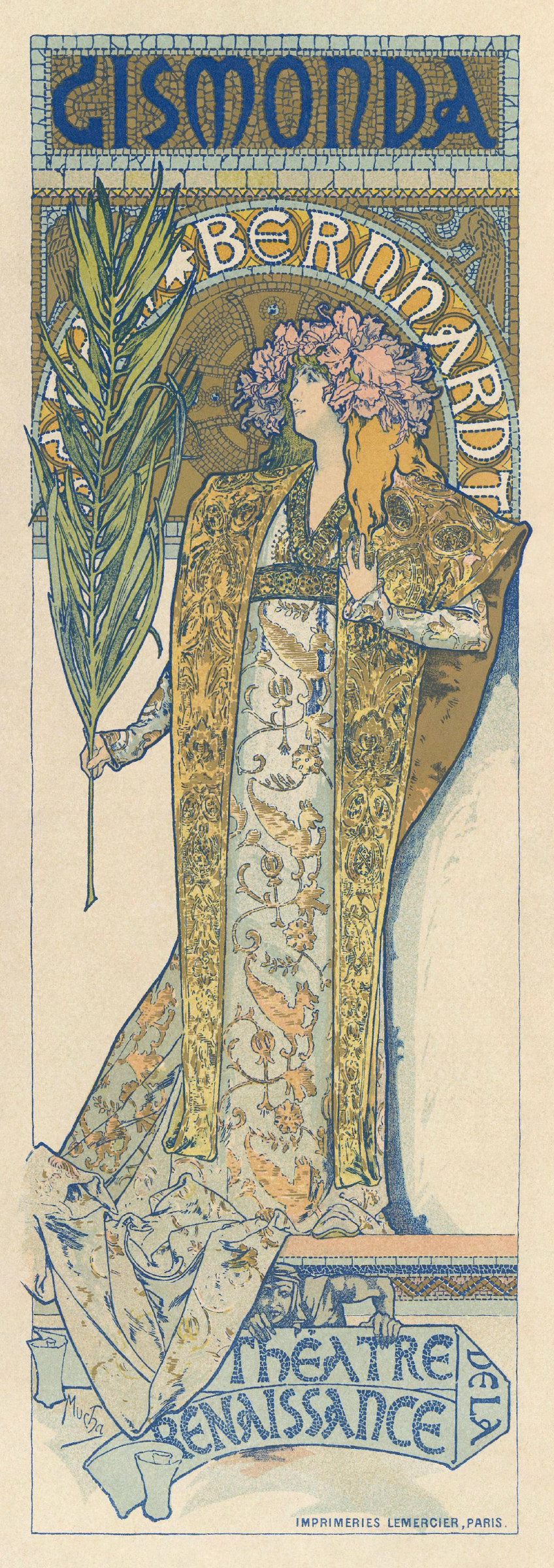 A tall narrow poster showing Sarah Bernhardt in a Byzantine gown and orchid headdress, holding a palm frond, framed by a mosaic arch, with the word GISMONDA lettered above her.