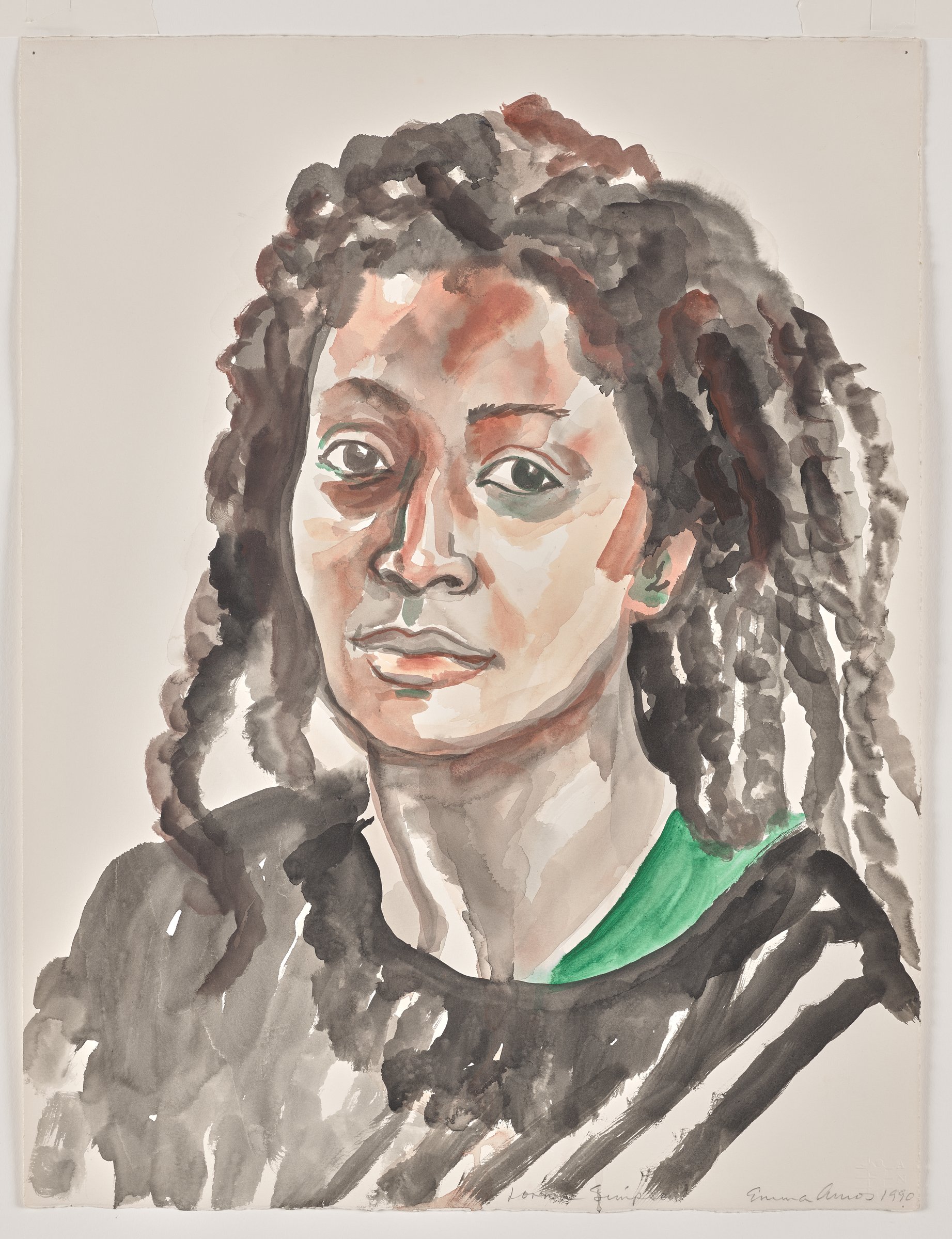 Emma Amos watercolor portrait of Lorna Simpson with long locs and a striped top