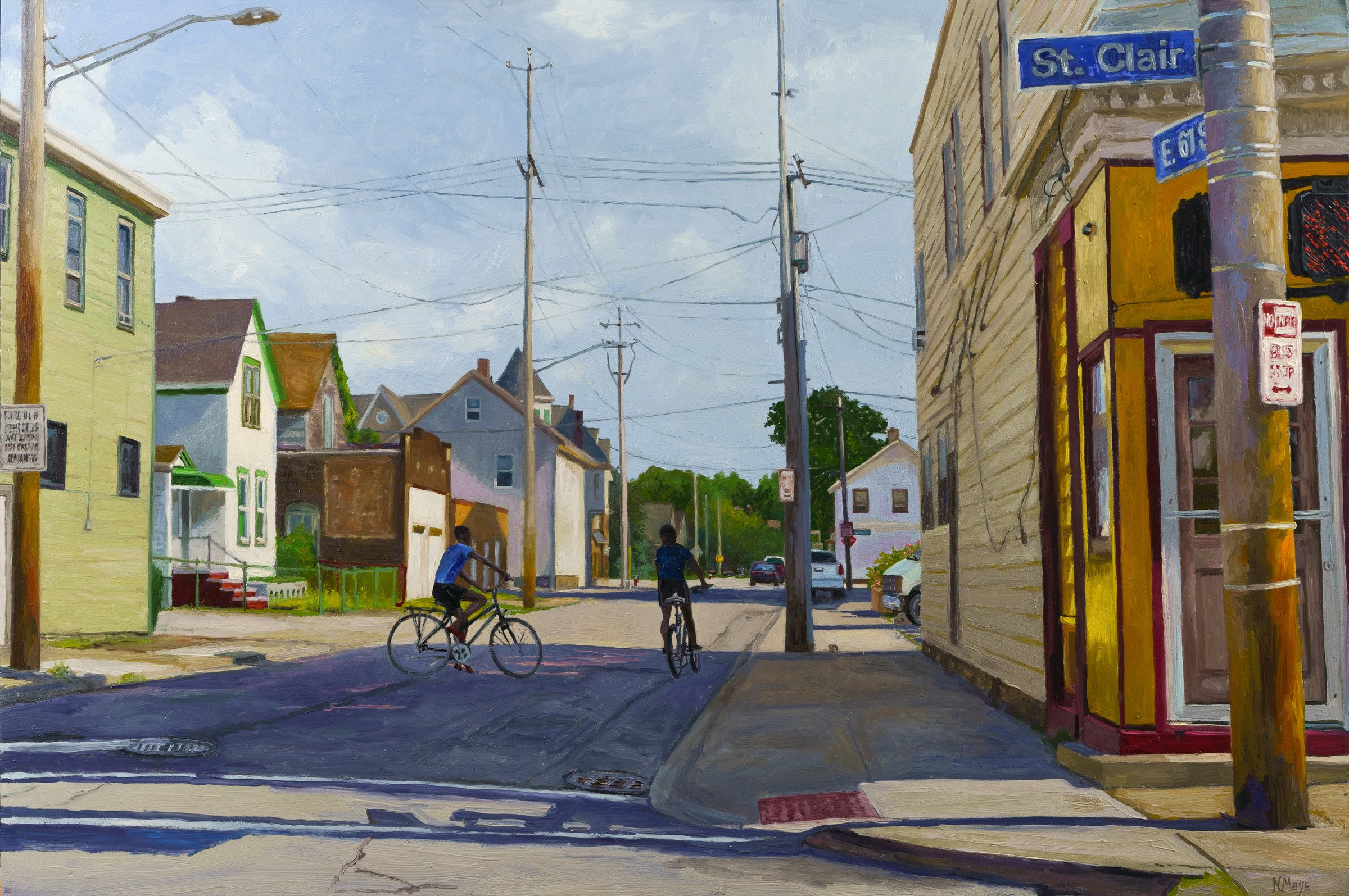 Painting of a sunny Cleveland street corner with houses, utility poles and a cyclist
