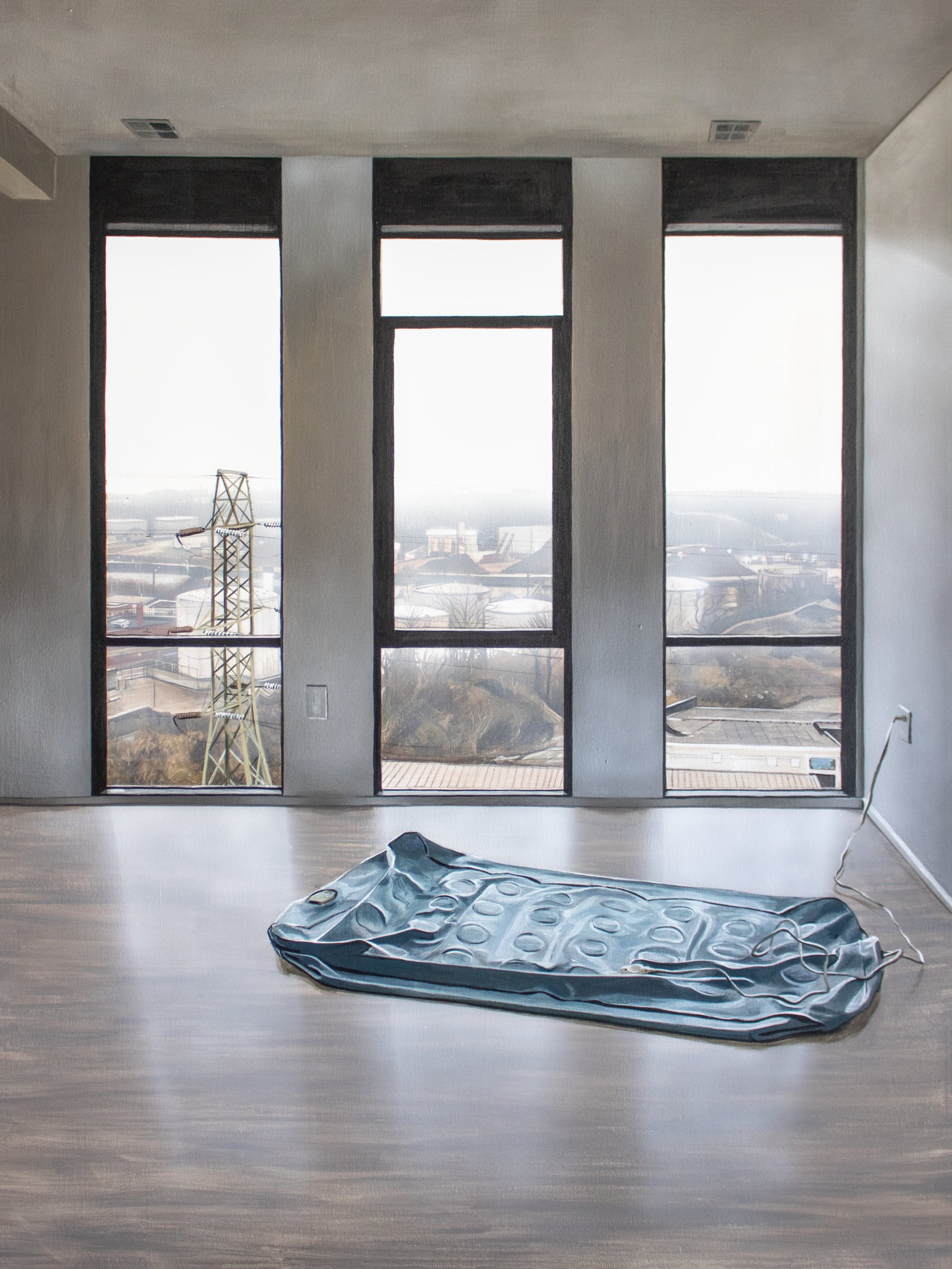 Painting of a deflated air mattress on the floor of an empty room with tall windows